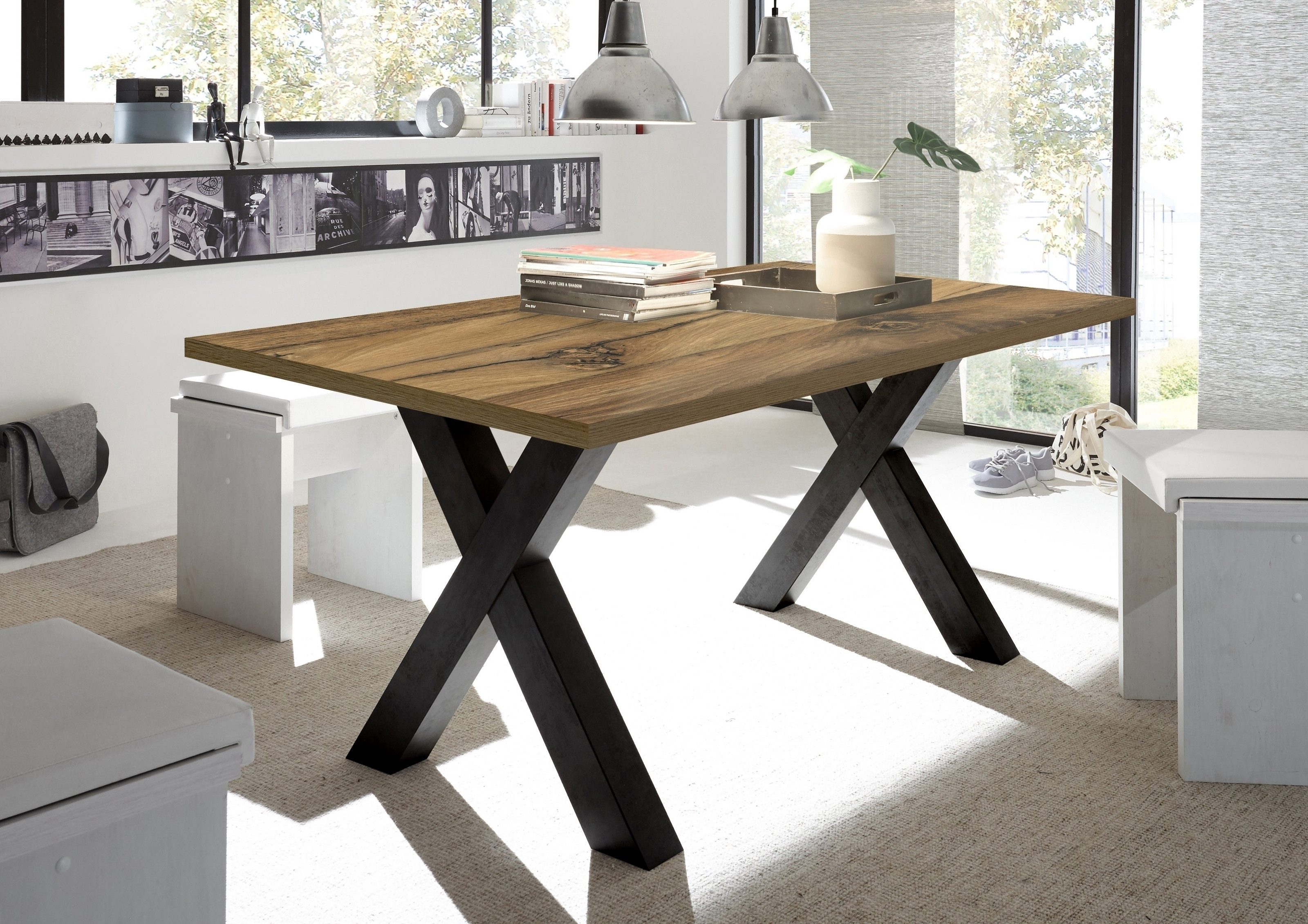 freiraum Esstisch Big System, in schwarzstahl / plankeneiche - 200x75x100cm (BxHxT)
