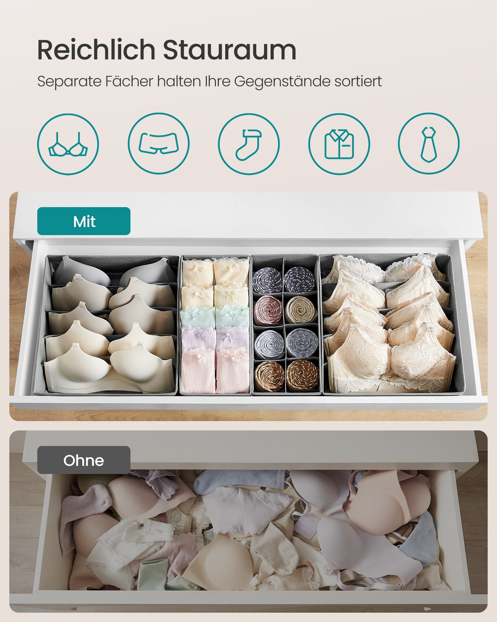 SONGMICS Aufbewahrungsbox Unterwäsche-Organizer, faltbar, Stoffboxen, für BHs Socken Krawatten (8 St), 8 Stück, Ordnungssystem Kleiderschrank, Aufbewahrungsbox  – Bild 4 von 5