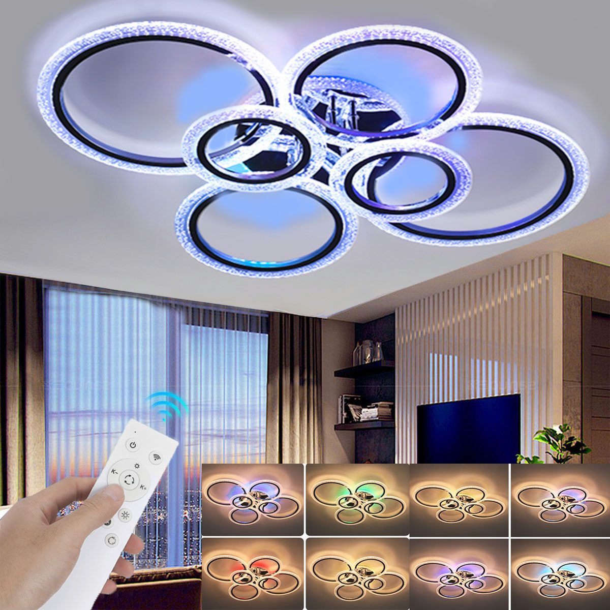 oyajia Deckenleuchte 46W LED Deckenlampe RGB Farbwechsel, Modern 6 Flammig Ringoptik Design, LED fest integriert, Kristall-Lichteffekt Deckenleuchte für Wohnzimmer Schlafzimmer Hotel
