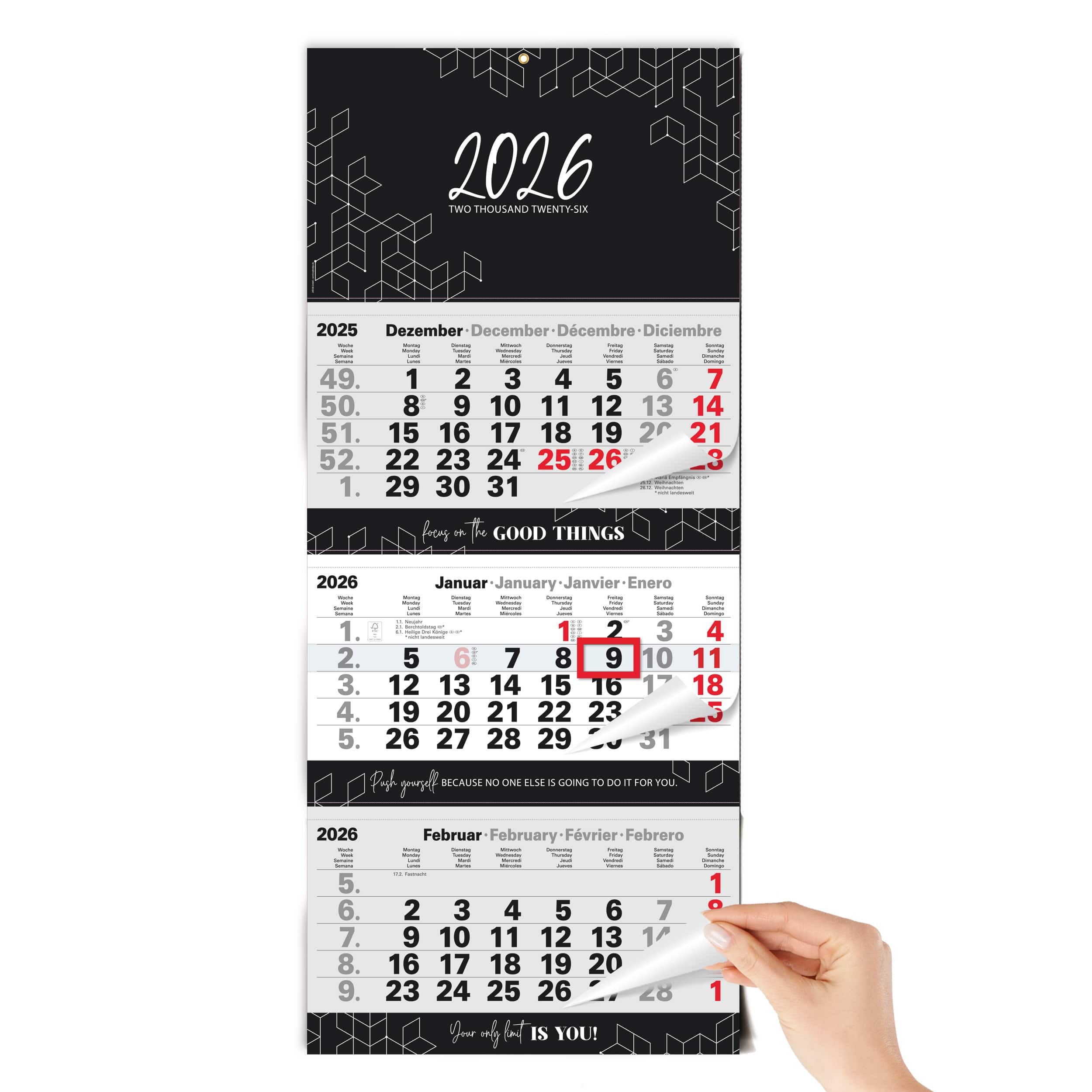 TOBJA Wandkalender 3 Monatskalender 2026 Wandkalender mit Schieber Block Schwarz, Kalender 2026 Wandkalender, gefalzt!