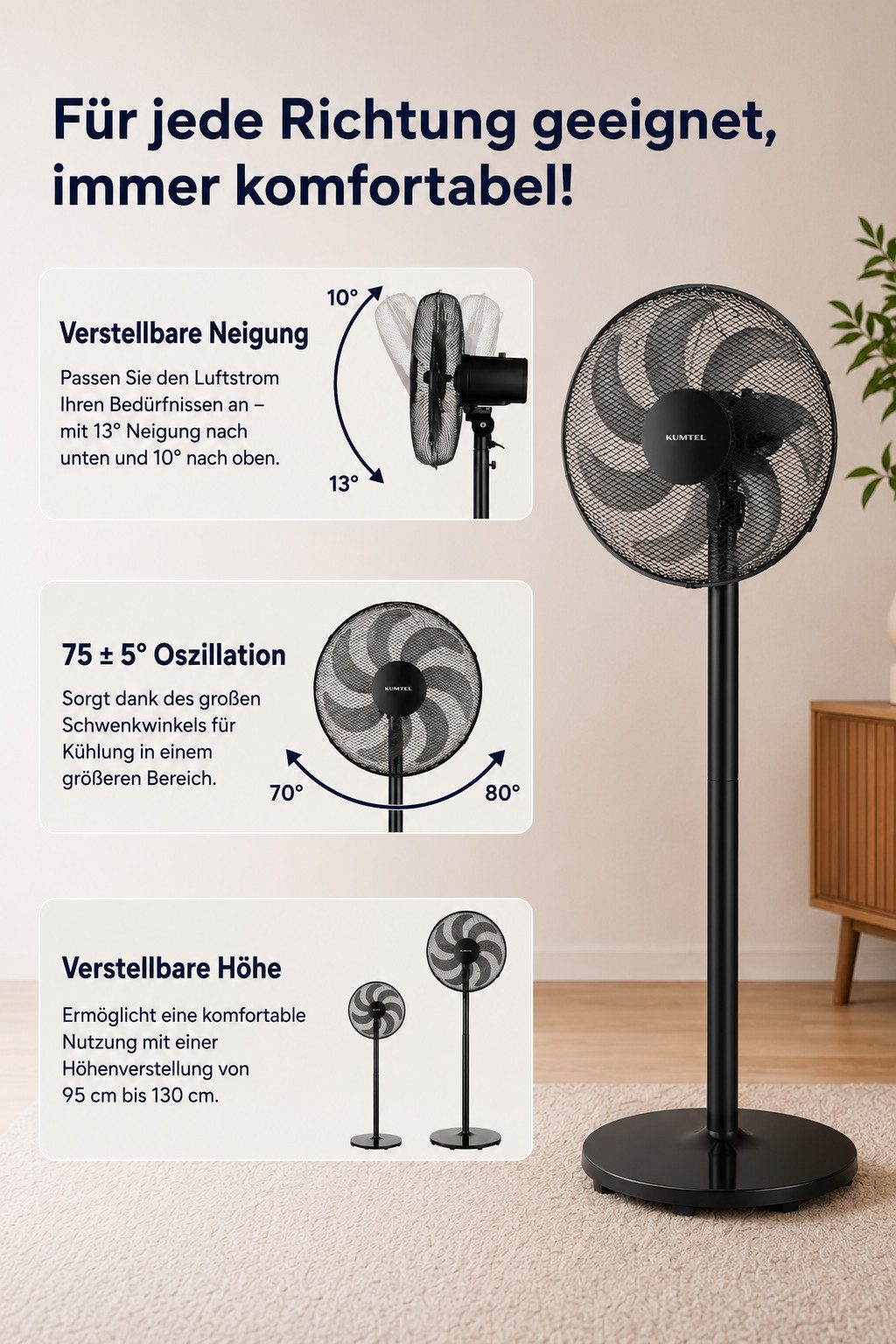 KUMTEL Standventilator KTF-760, 50 W, aus ABS-Kunststoff, 7-Blatt-Rotor,Kupfermotor