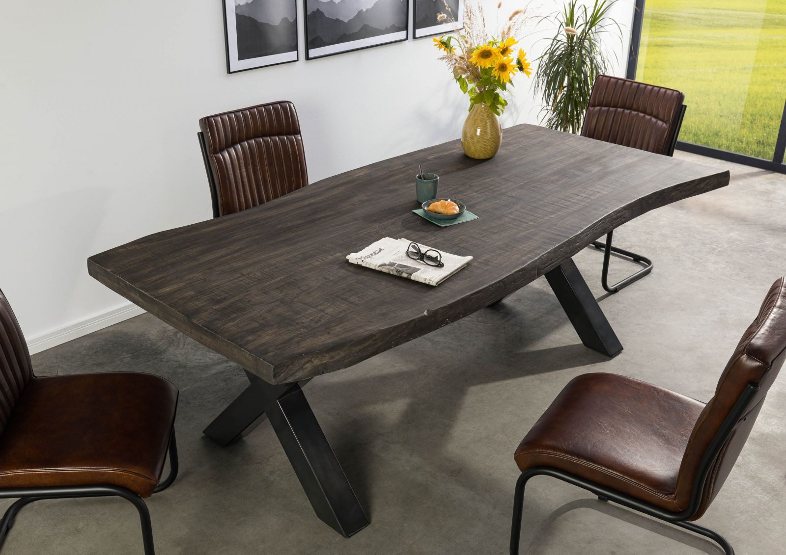 Massivmoebel24 Baumkantentisch FREEFORM (Massivholz, Massivholztisch), Baumtisch Mango 180x90x77 grau / X-Beine anthrazit FREEFORM 5