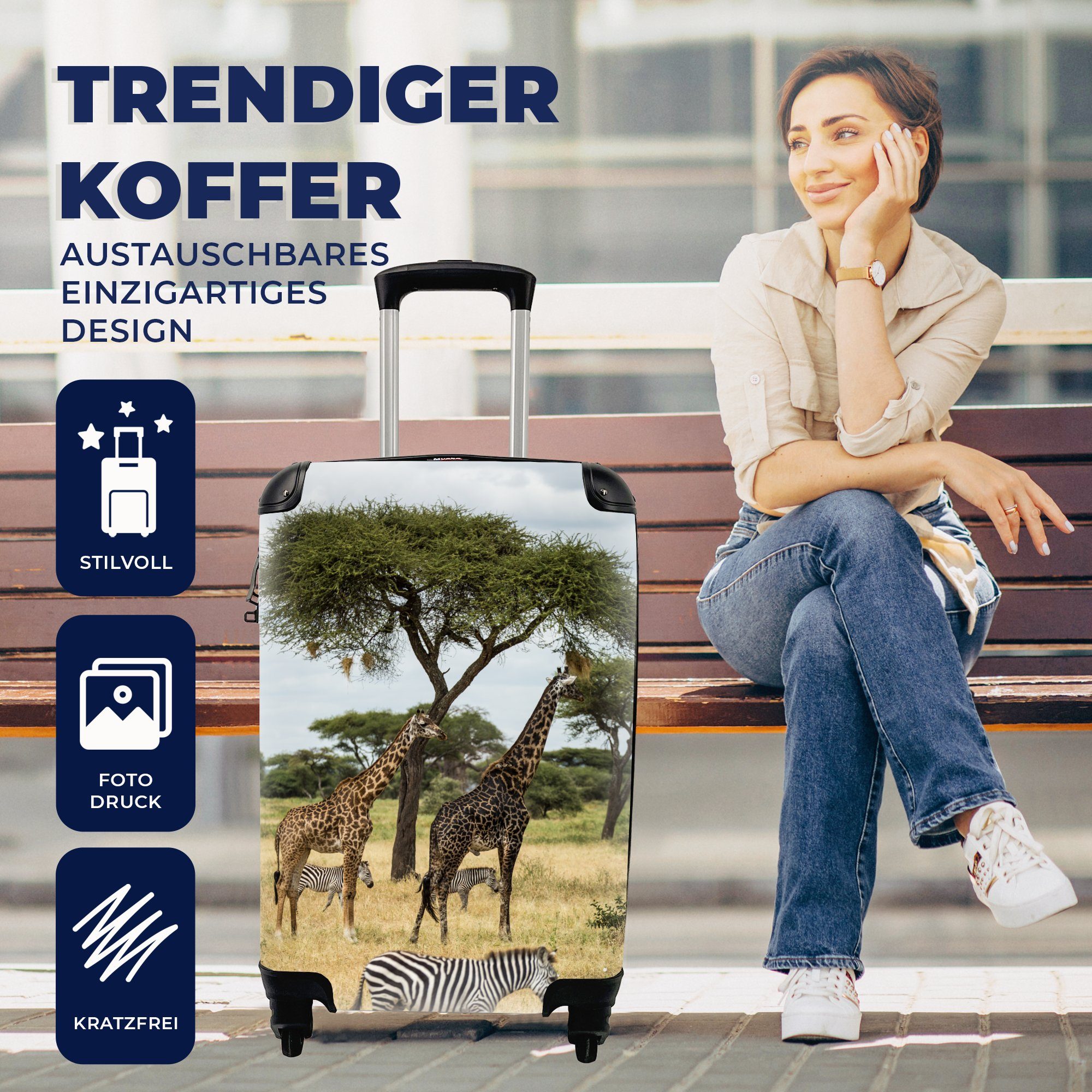 Handgepäck 4 der in Handgepäckkoffer mit Giraffen des, und Trolley, Reisekoffer Savanne Reisetasche für Ferien, Rollen, Zebras gemeinsam rollen, MuchoWow