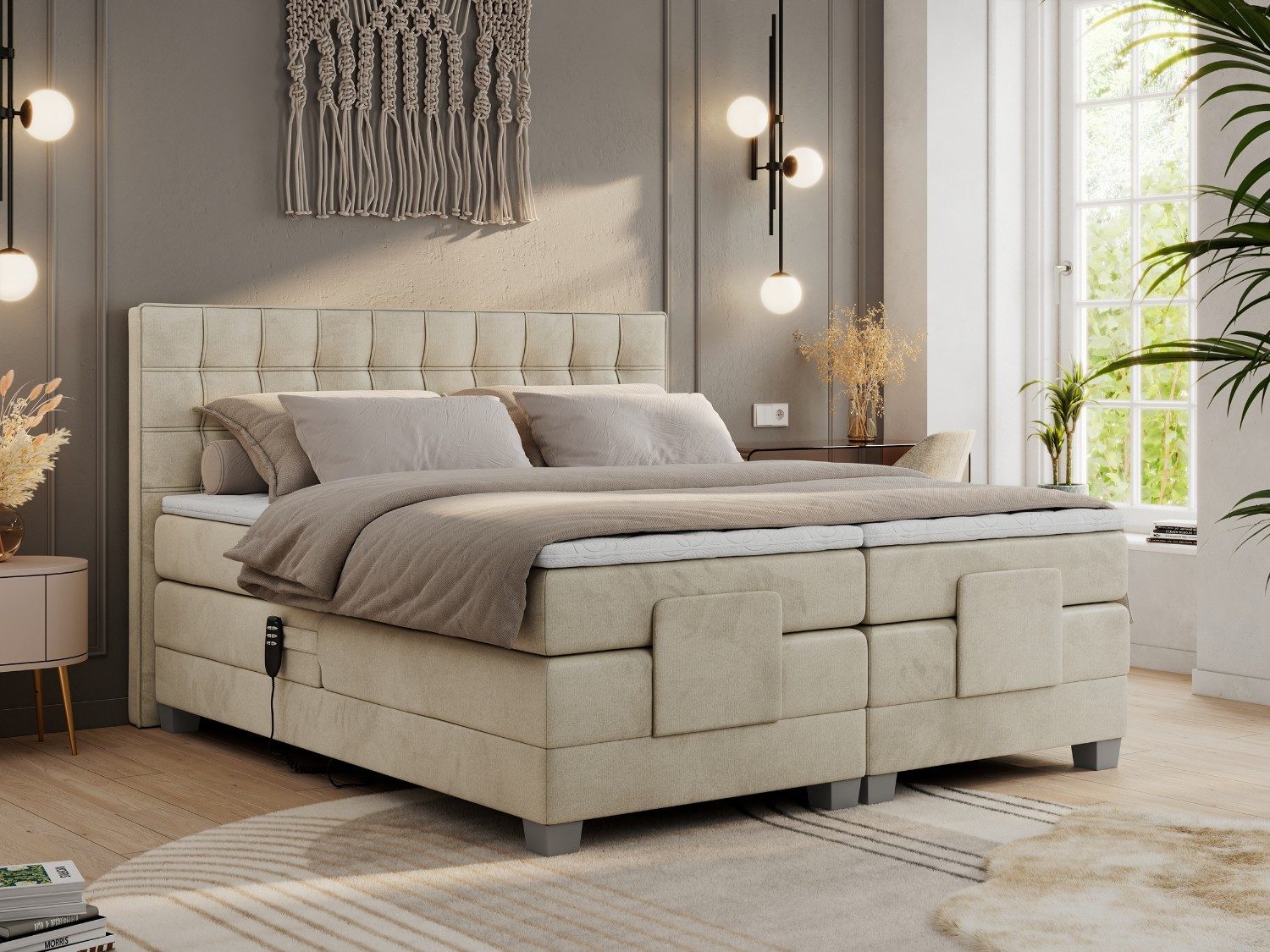 MKS MÖBEL Boxspringbett ELECTRO (Set, Packung, Multipocket-Matratzen, T30-Schaum, Elektrische Matratzenverstellung), Elektrisch verstellbare, Doppelbett mit Kopfteil, 3 Matratzen, Topper