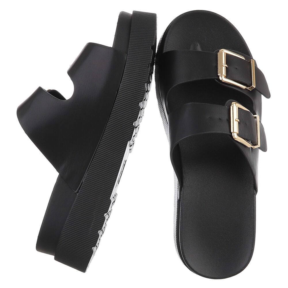 Ital-Design Damen Plateau-Pantoletten mit Doppelriemen & Schnalle Plateausandaletten (91971057) Keilabsatz/Wedge Keilsandaletten in Schwarz