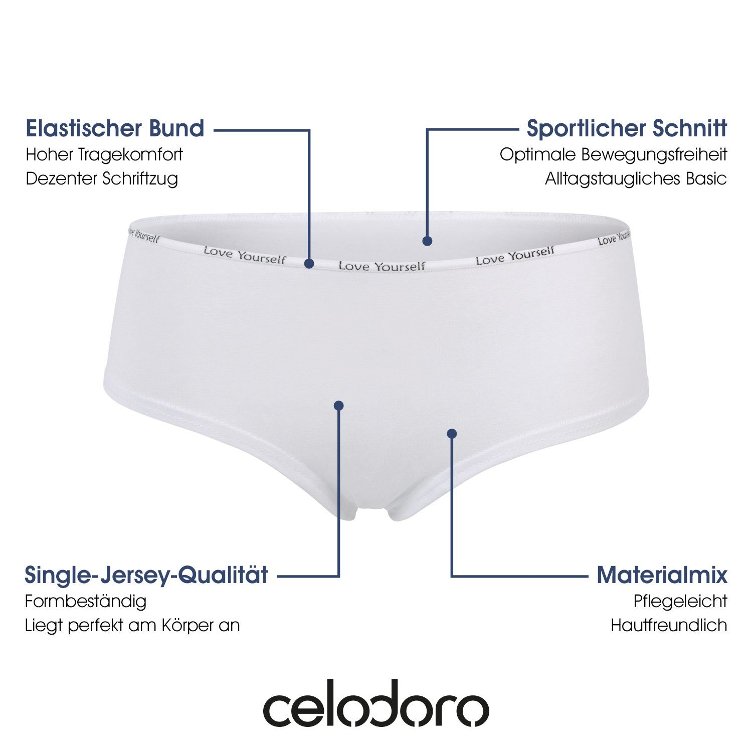 celodoro Panty Damen Panty Slip (6er Pack) mit Ziergummi & Schriftzug