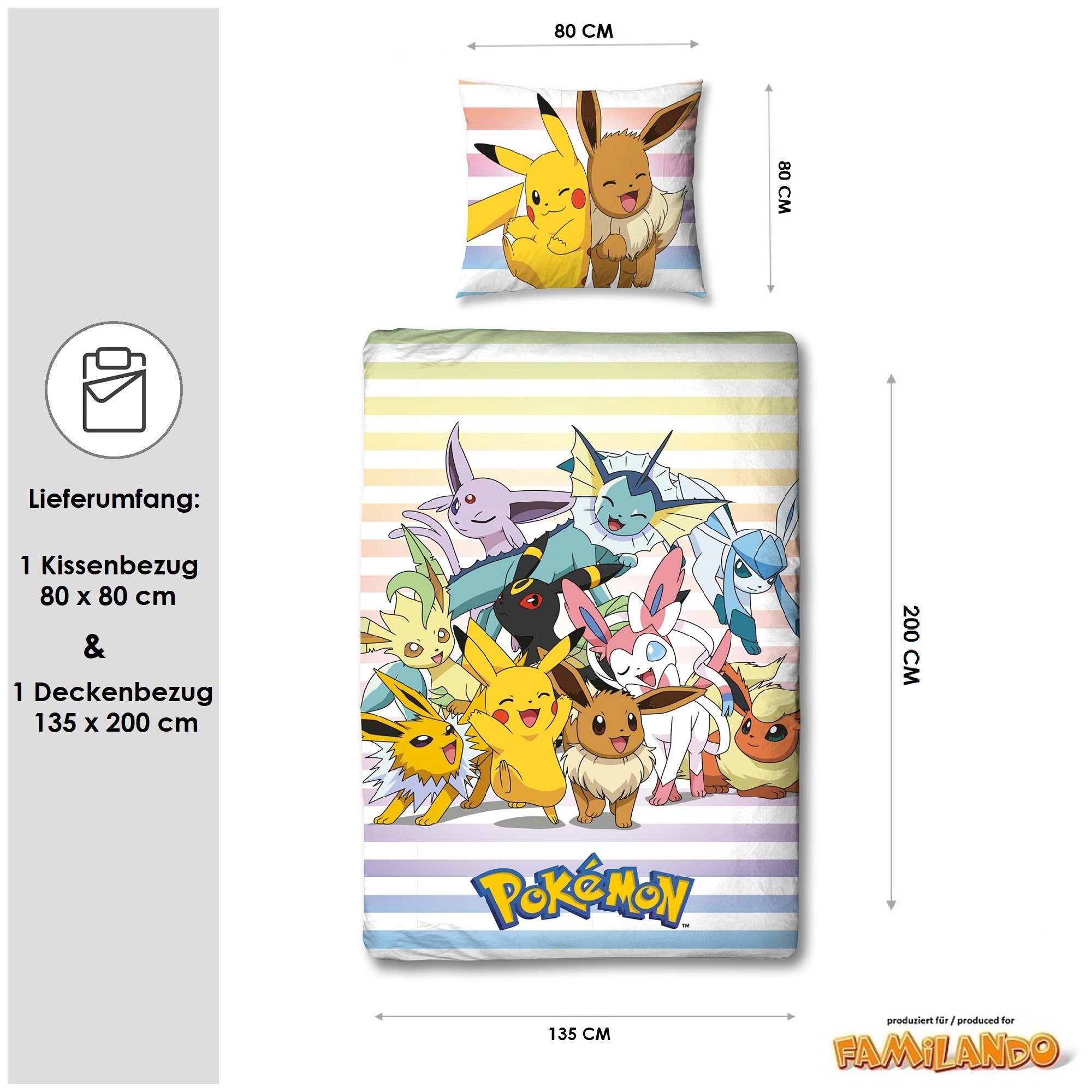 Familando Kinderbettwäsche Pokemon "Group" 135x200 + 80x80 cm aus 100% Baumwolle, Renforcé, 2 teilig, mit Pikachu und vielen weiteren Pokemon
