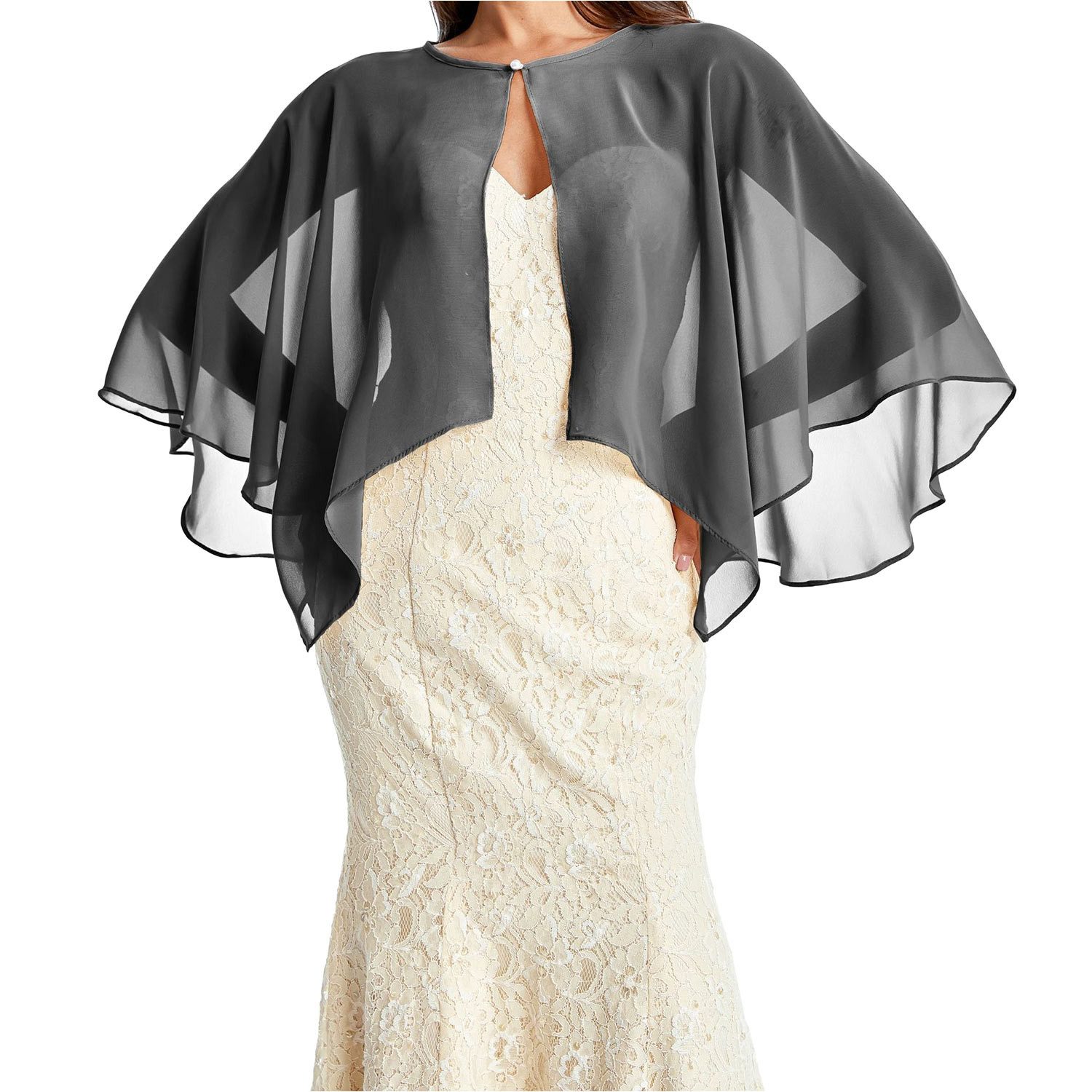 Refttenw Poncho Damen Stola für Abendkleid Chiffon Bolero Brautjacke mit Perlen Elegant Luftig Leicht