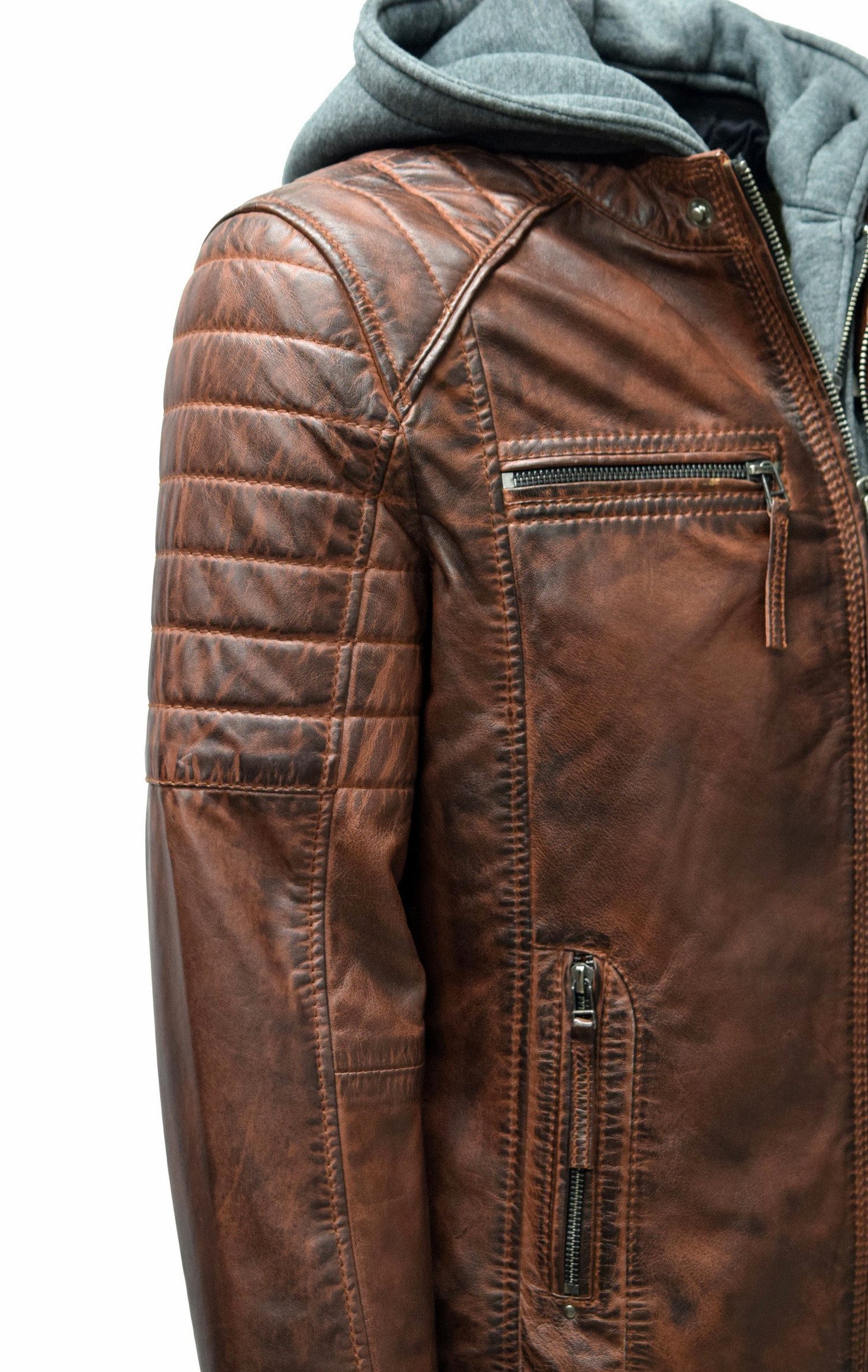 Zimmert Leather Lederjacke Carlo mit abnehmbarer Kapuze, Cognac, Schwarz, Dunkelbraun – Bild 5 von 5