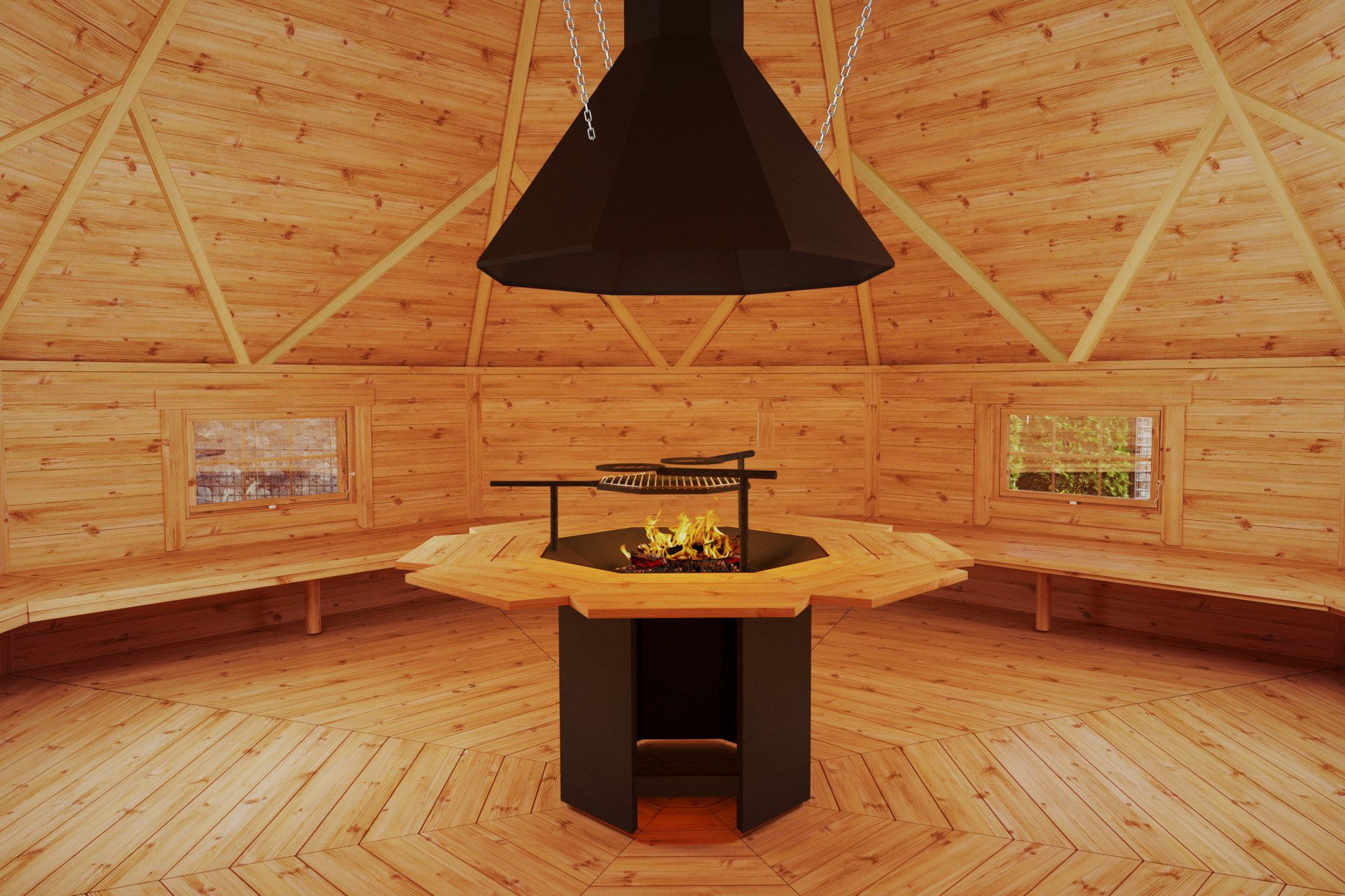 Finn Art Blockhaus Grillkota Grillpavillon 8-eckig Elegance 25 max. 28 Personen, BxT: 545x545 cm, Schindeln schwarz, mit Grillanlage, mit 18 mm Fußboden