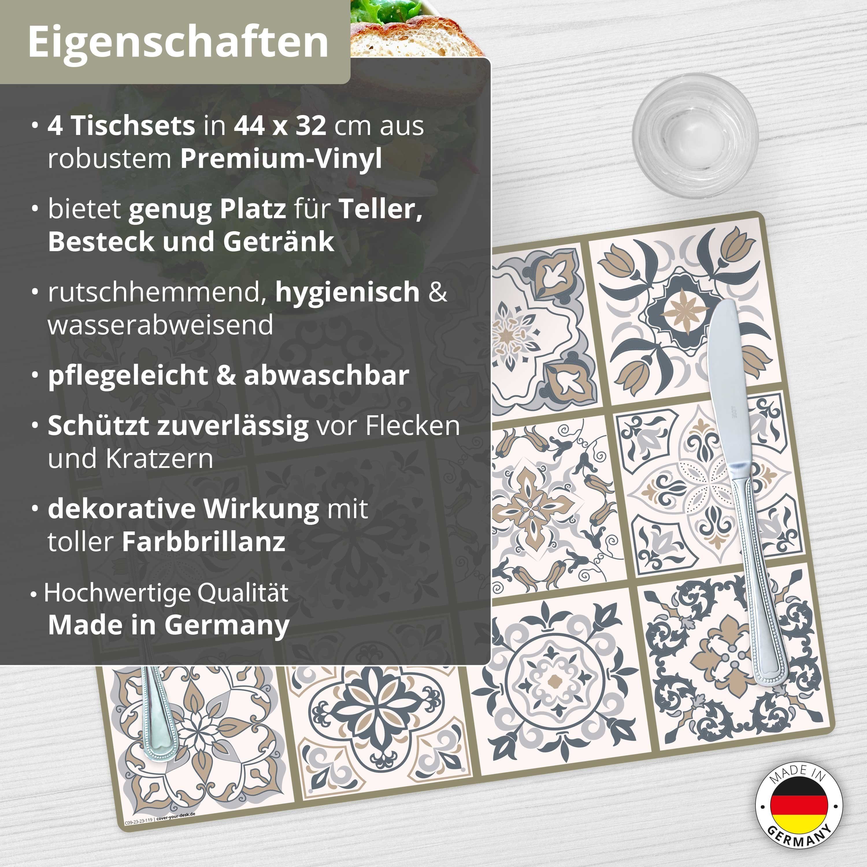 Tischsetmacher Platzset Tischset,  Platzset abwaschbar - Fliesenmuster grau-beige, (aus erstklassigem Vinyl, 4-St., 44 x 32 cm / beige), Made in Germany
