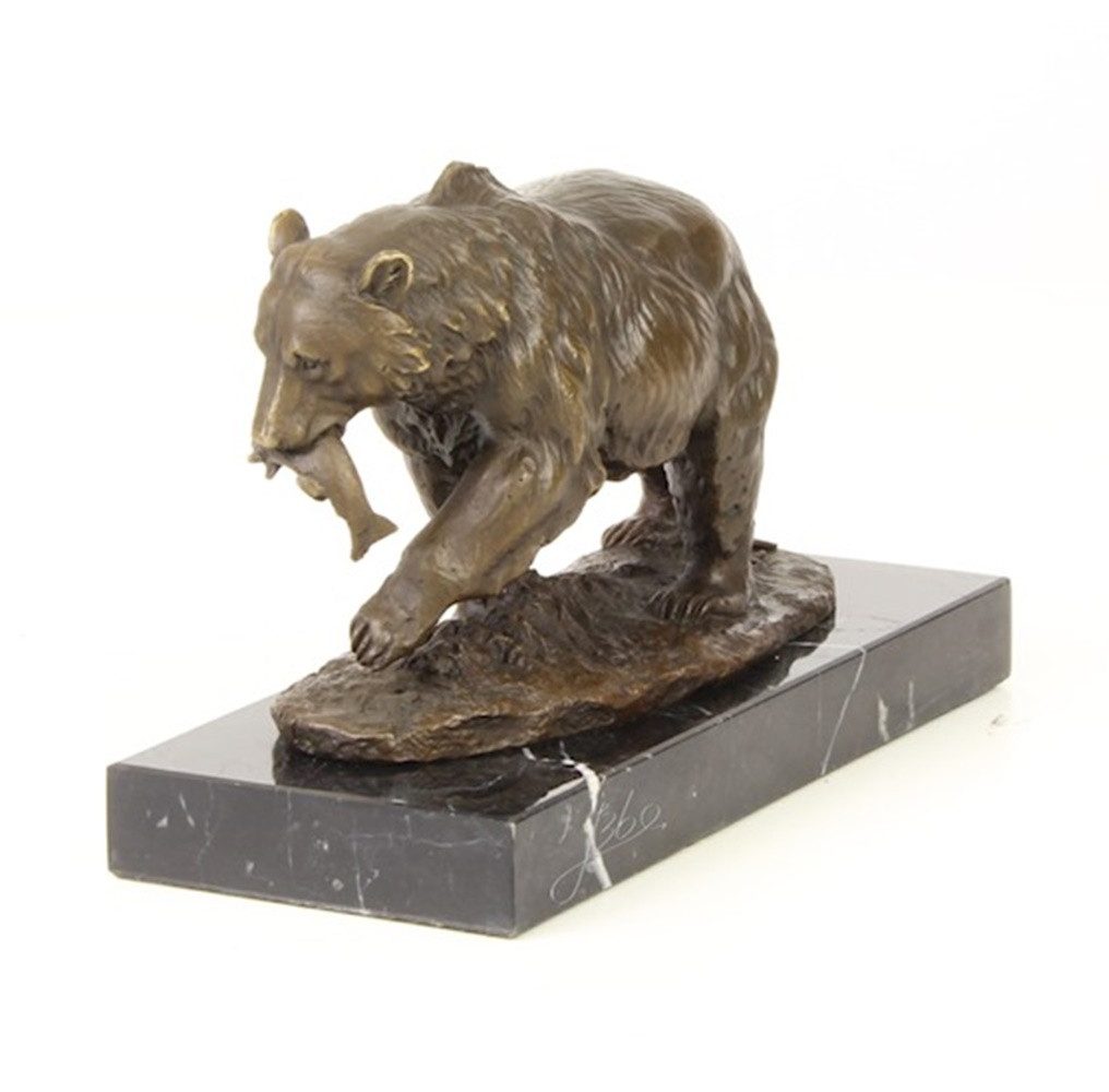 JS GartenDeko Dekofigur Bronzefigur Grizzlybär laufend auf Fischjagd auf Sockel H 12,6 cm