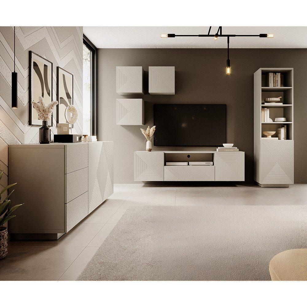 Lomadox Wohnzimmer-Set ADARE-141, (Mega-Spar-Set, 6-St., Hängeschränke Lowboard Regal Sideboard), Wohnwand mit Sideboard, kaschmir mit gerillter Front, Push-to-Open