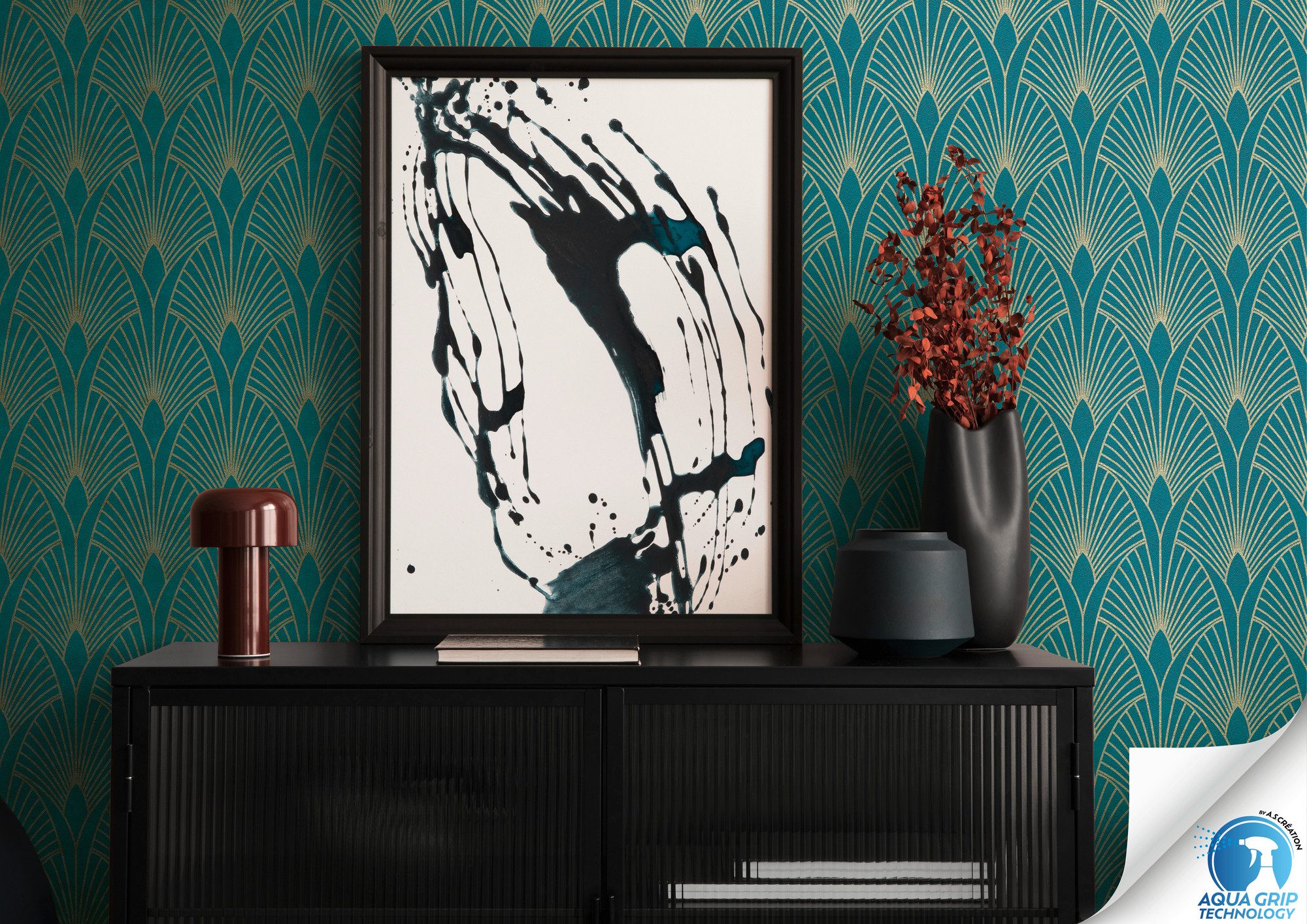 living walls Vliestapete DesignDrop vorgeleimte Tapete Art Deco Design Blau Grün Gold, strukturiert, leicht glänzend, (1 St), Vliestapete vorgekleistert grafisch für Schlafzimmer Wohnzimmer Küche