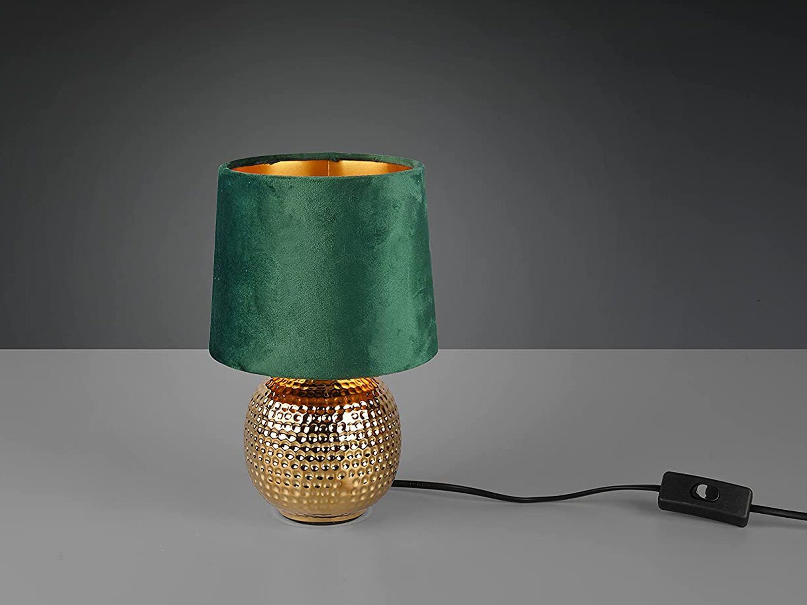 Reality Leuchten LED Nachttischlampe, Dimmfunktion, LED wechselbar, Warmweiß, kleine ausgefallen-e Samt Lampenschirm dimmbar Grün Gold-en, Höhe 26cm