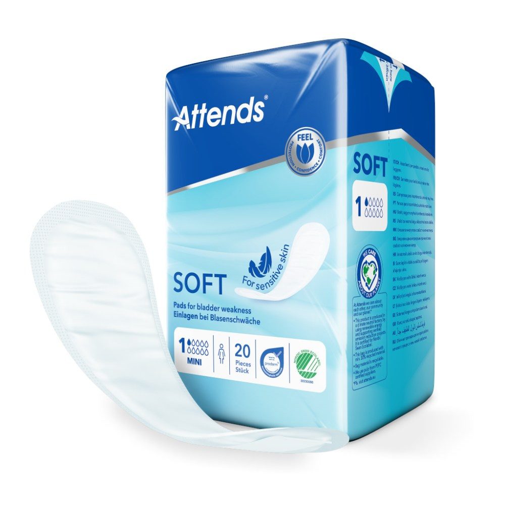 Attends GmbH Inkontinenzslip Attends Soft 1 Mini (Packung, 20-St) Saugstärke 1/10, ca. 21,5 cm, Klebestreifen, Geruchsbindung