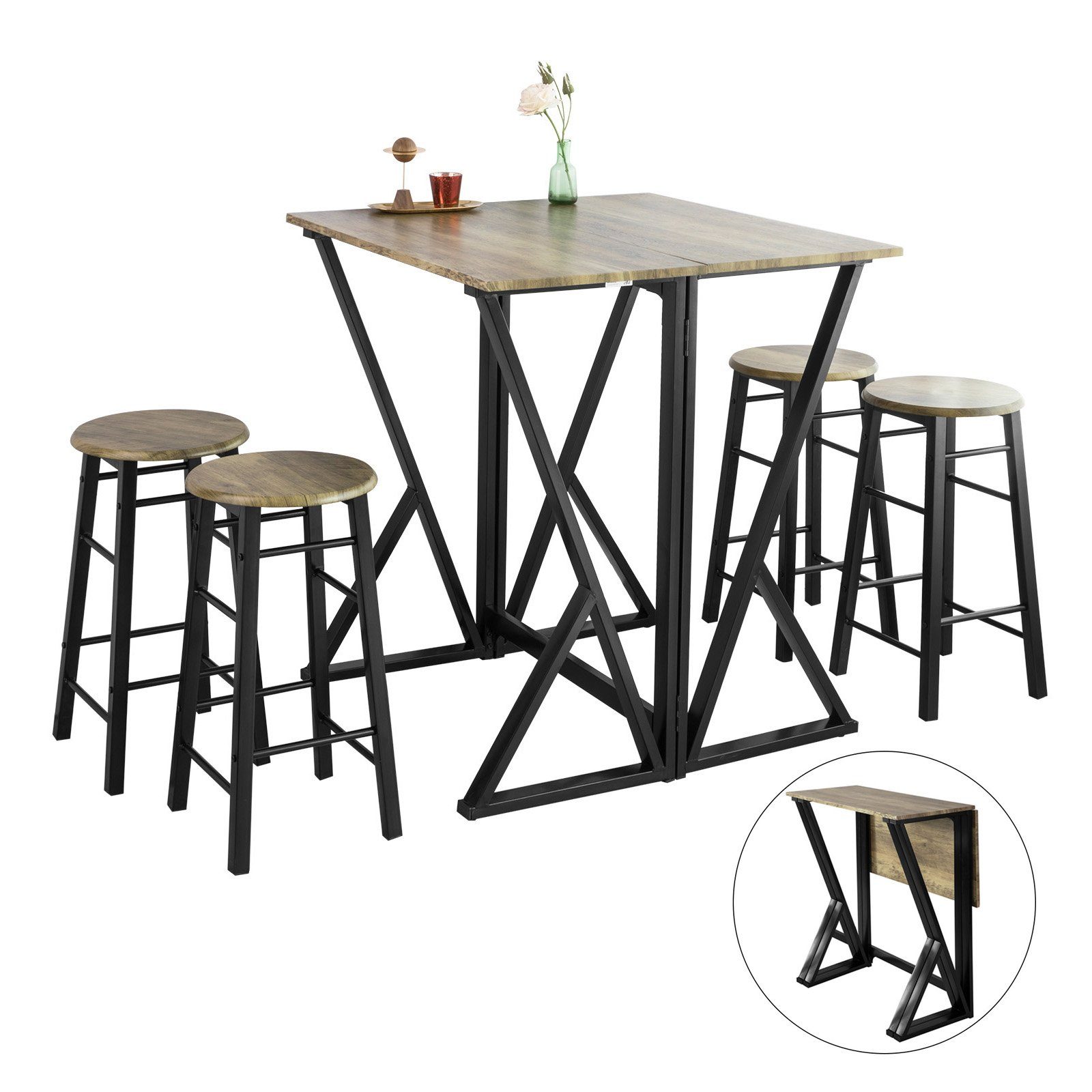 SoBuy Essgruppe OGT24, (5-tlg), 5-teilige Essgruppe Esstisch mit 4 Stühlen Klapptisch Esszimmer Sitzgruppe Küche Küchentisch Holztisch klappbar im Industrial-Look