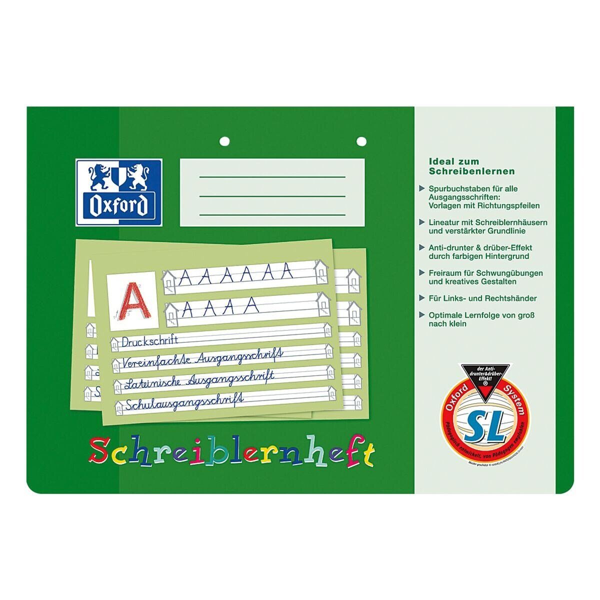 OXFORD Schulheft, Schreiblernheft, A4 quer, liniert (Lineatur SL), gelocht, 16 Blatt