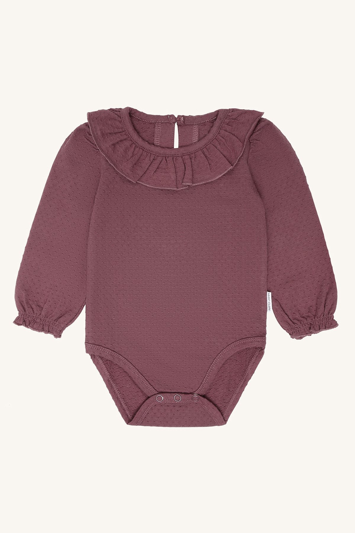 Hust & Claire Blusenbody Baby Body Langarm pflaume aus Bio-Baumwolle mit Rüschenkragen