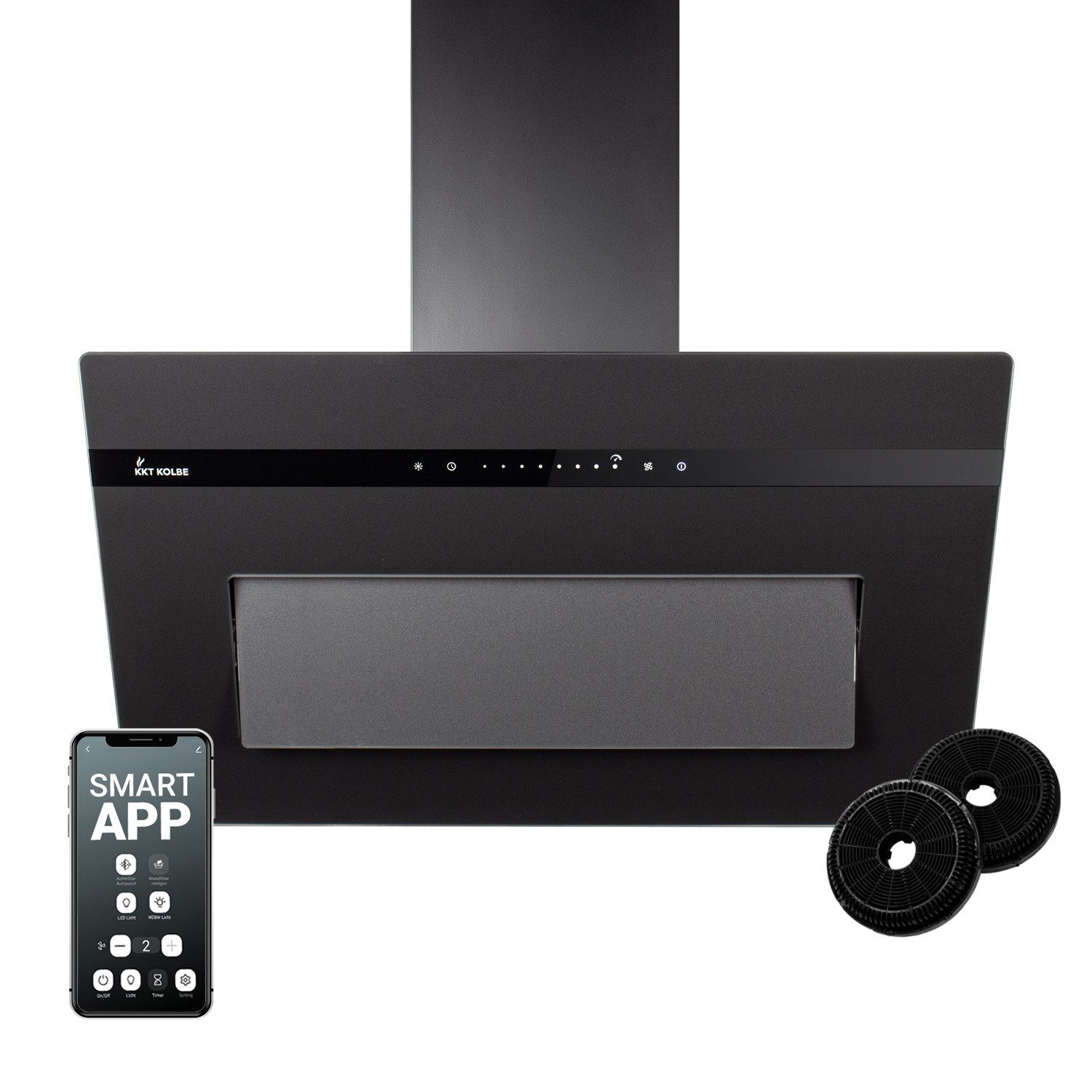 KKT KOLBE Wandhaube Dunstabzugshaube 80cm matt schwarz PLOOM8005S RGBW Ambientebeleuchtung Dunstabzugshaube 80cm matt schwarz PLOOM8005S RGBW Ambientebeleuchtung, Kopffrei / 80cm / Smarte WiFi-App / Schwarz / Glas / Schräghaube