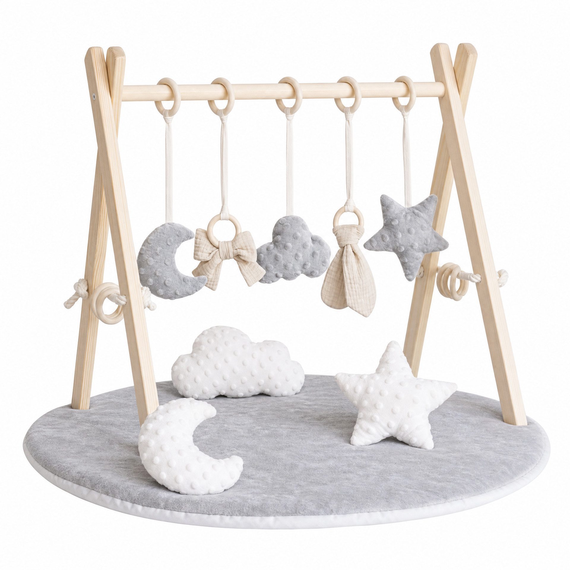 LuMali Baby Gym Holz Spielbogen klappbar 5 Spielzeuge Matte 41x58x49cm Naturholz, (5 sensorische Anhänger 2 Baumwollschnüre Montageset), Spieltrapez Neugeborene sensorisch Spielmatte 78cm wendbar ab Geburt
