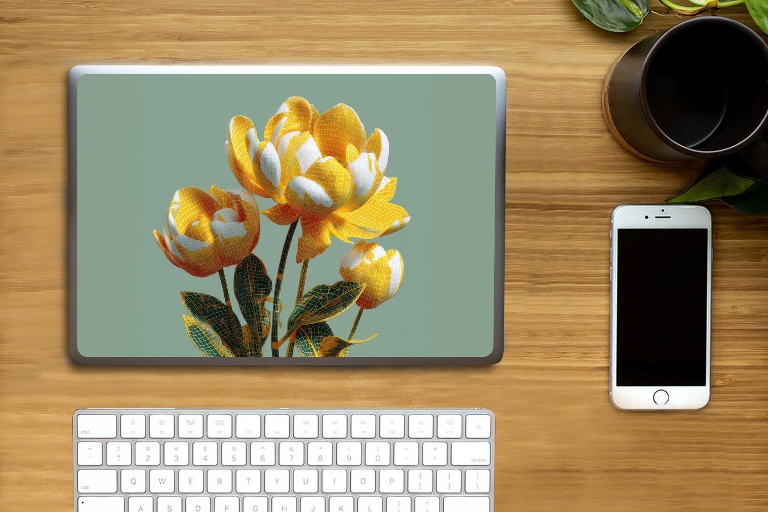 MuchoWow Laptop-Aufkleber Blumen - Gelb - Blätter - Struktur, (1tlg), Laptop Folien Cover, Aufkleber, Sticker, Schutz vor Kratzern, 30x21 cm