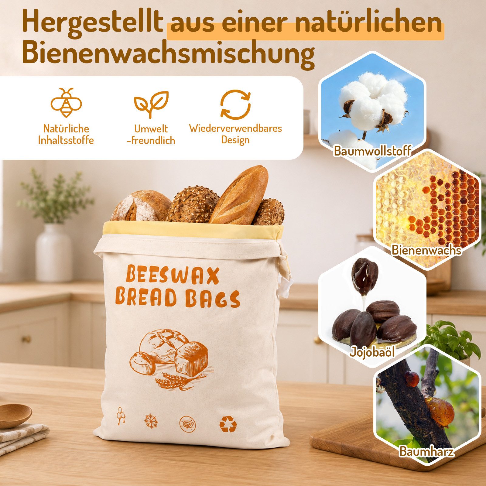 JOYOLEDER Brottasche Bienenwachs Brotbeutel 2 Stück, 43×34 cm Wiederverwendbar, (für Brot, Brotbeutel Aufbewahrung Frischhalten, mit Reißverschluss, zur Aufbewa – Bild 4 von 5