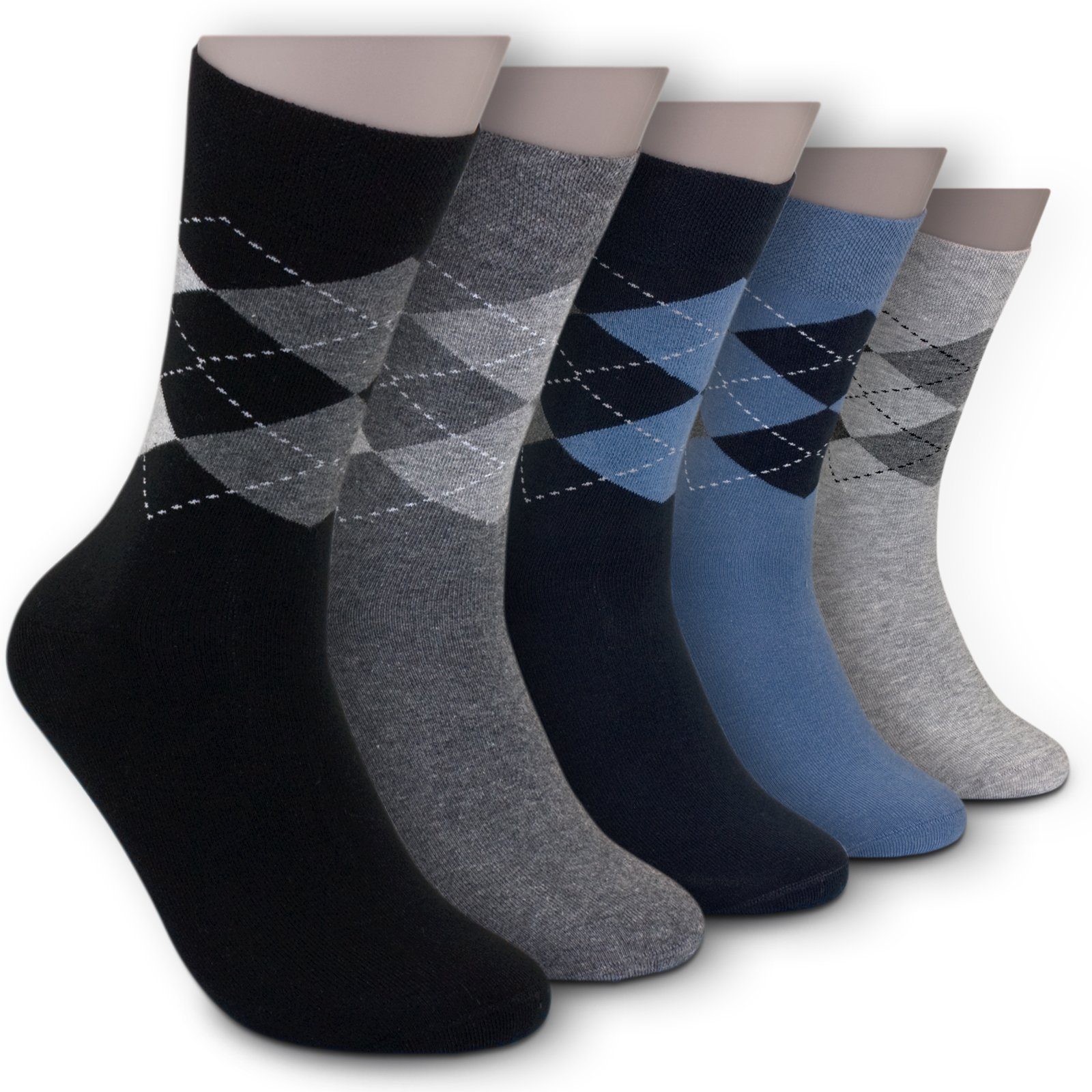 Die Sockenbude Freizeitsocken JACQUARD (Bund, blau) ohne Gummi 5-Paar, schwarz mit grau Komfortbund