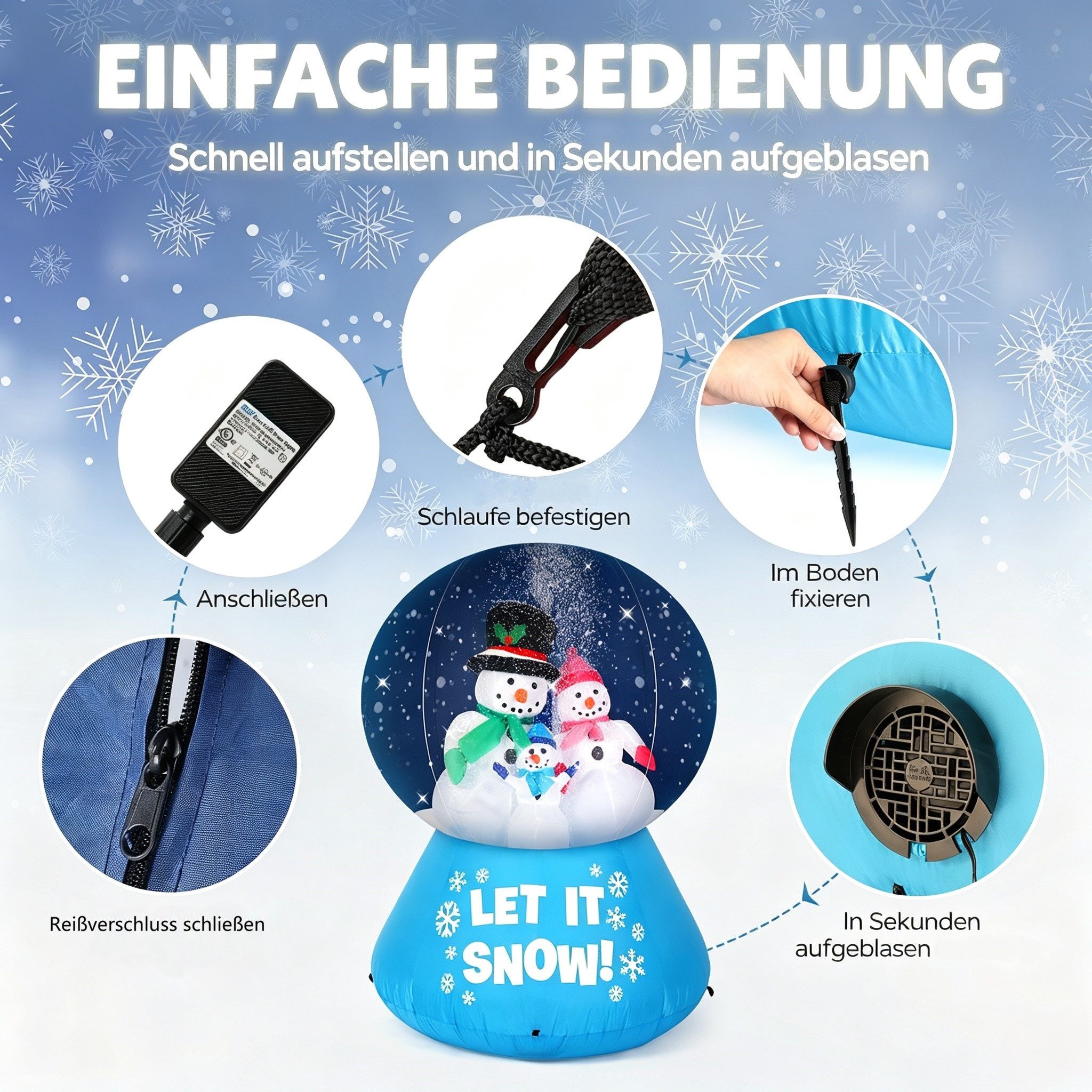VINGLI Weihnachtsfigur Wetterfest, Weihnachtsdeko Aufblasbar für Innen & Außen, 180 cm Aufblasbarer Schneemann im Kristallball, Schnee-Effekt, 4 LEDs – Bild 4 von 5