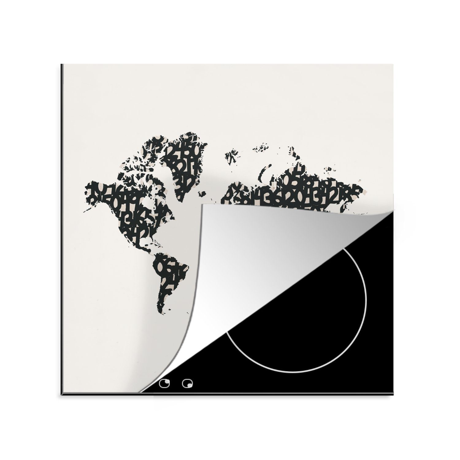 Herdblende-/Abdeckplatte küche tlg), MuchoWow Weiß Ceranfeldabdeckung, Arbeitsplatte Weltkarte (1 - Vinyl, 78x78 für Schwarz - Zahlen, cm, -