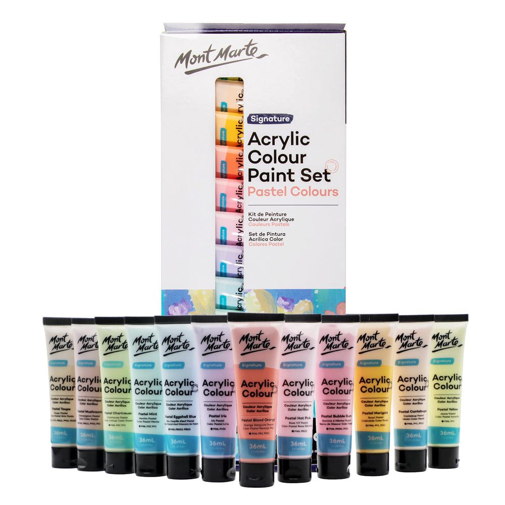 Mont Marte Acrylfarbe Pastell Set 12 / 18 / 24 / 48 x 36 ml –Deckkraft & Seidenmattes Finish, Pastellfarben für Leinwand, Karton, Papier, Ton, Holz, Steine uvm.