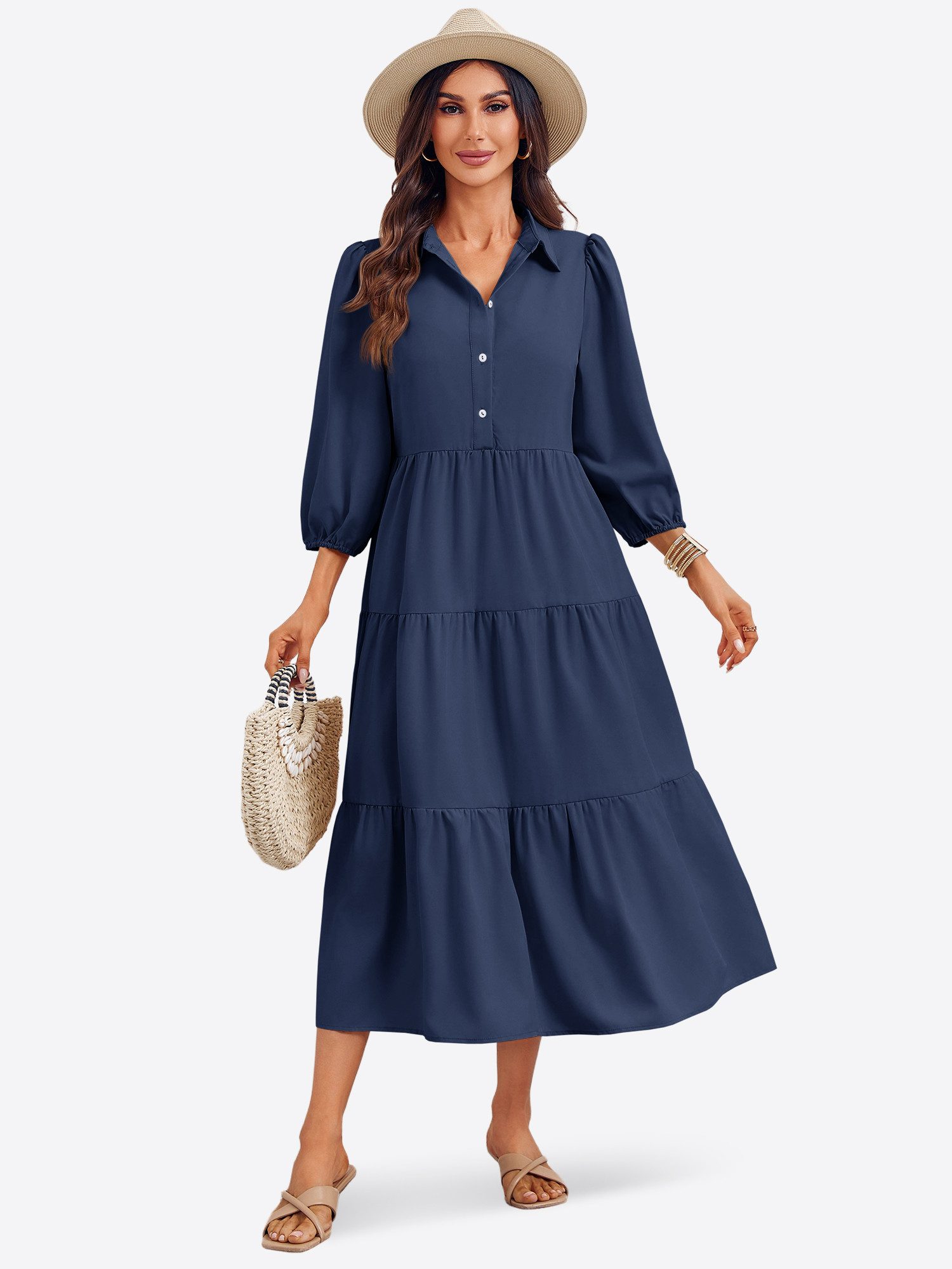 Imily Bela Blusenkleid Damen 3/4-Ärmel Hemdkleid (Packung, 1-tlg., 1per-Pack) mit Knöpfen – Bild 3 von 5