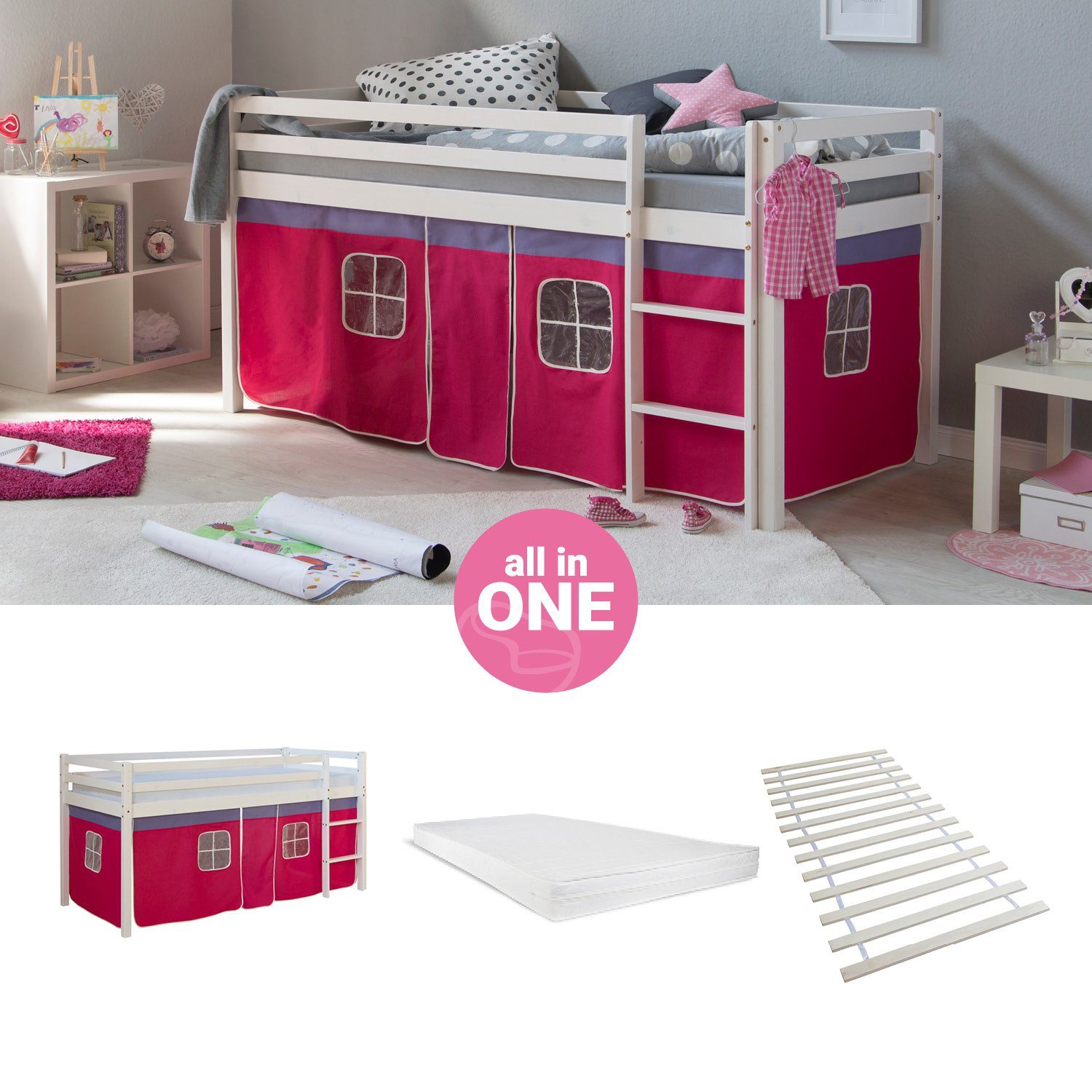 Homestyle4u Hochbett 90x200 cm Kinderbett Weiß Kiefer Spielbett mit Vorhang Pink mit Lattenrost und Matratze