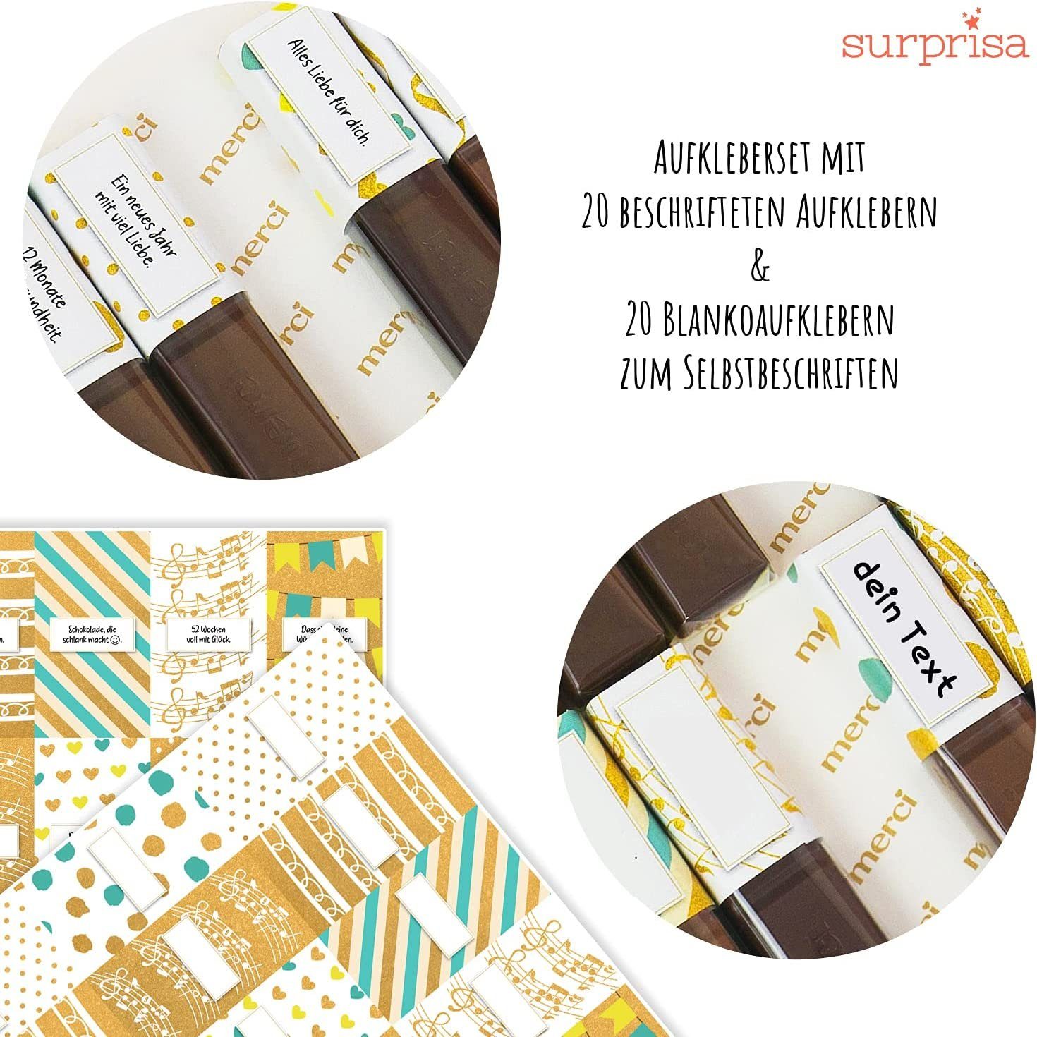 SURPRISA Aufkleber Aufkleber Set personalisierte Sticker für Merci Schokolade, individuelles Geschenk, 20 gute Wünsche zum Geburtstag