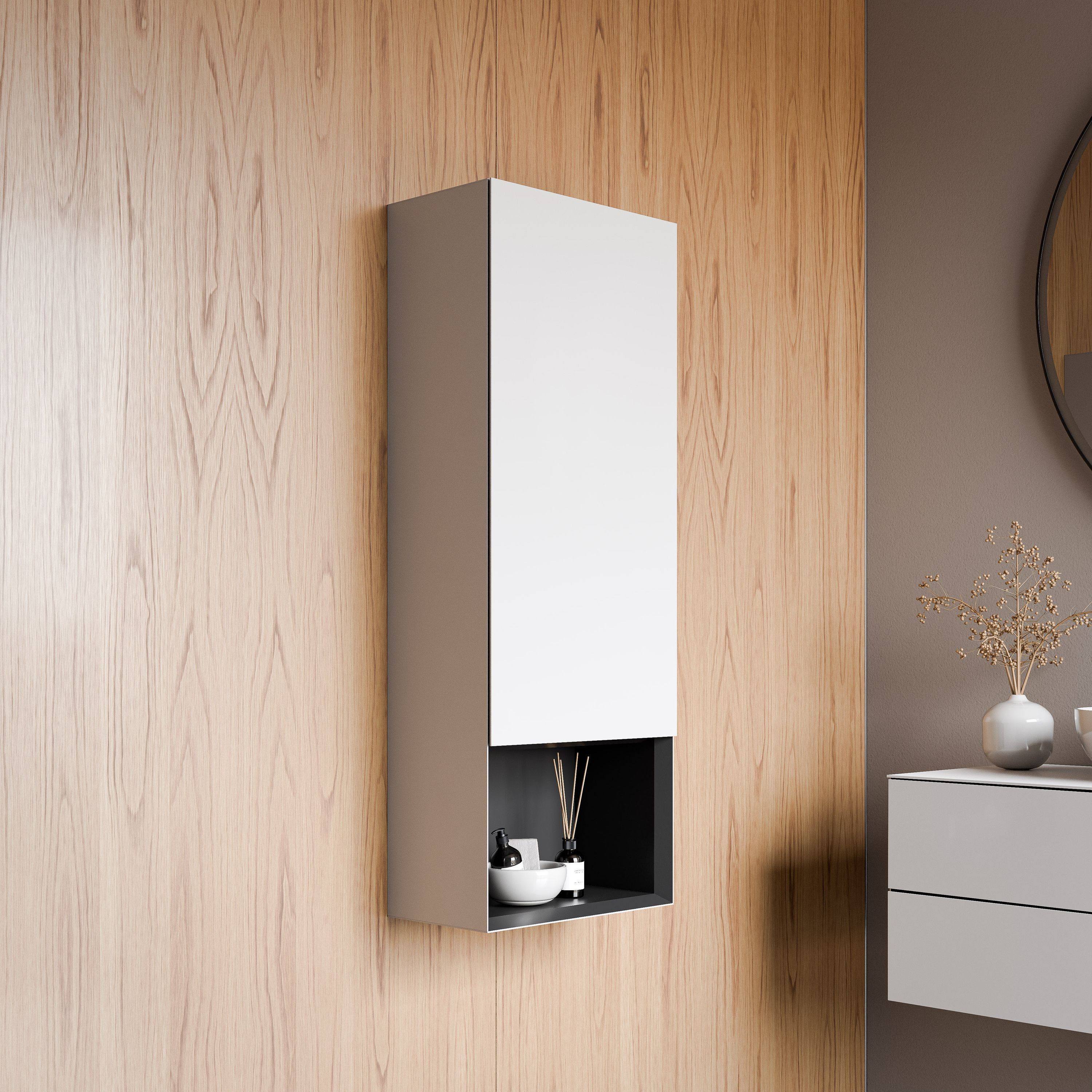 Bernstein Seitenschrank ARCTIC Weiß softmatt 48cm Türanschlag rechts Seitenschrank Hängeschrank Badschrank mit Ablagefach