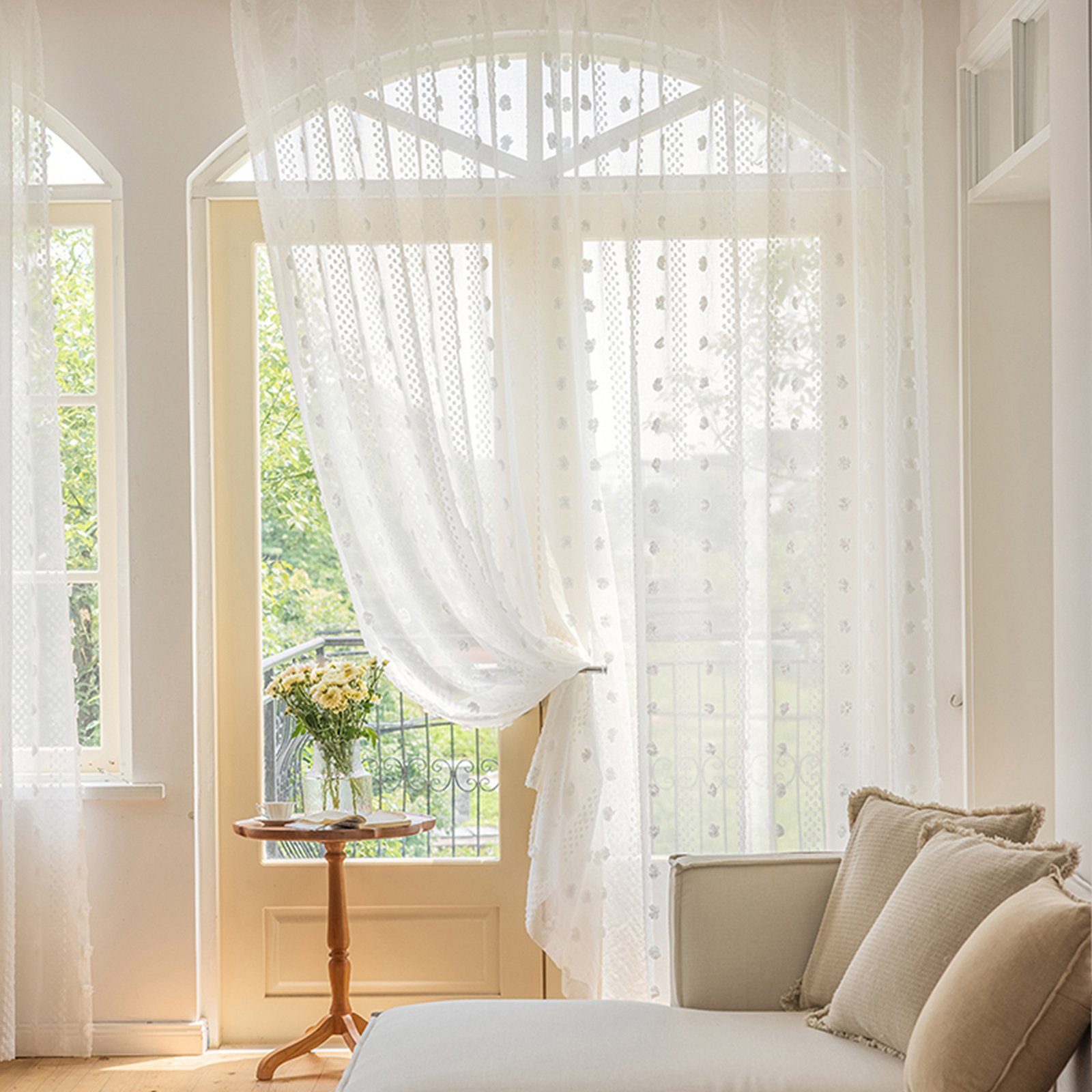 Jibenhome Gardine 2er Set Sheer Voile Vorhänge mit Pompon für Schlafzimmer Wohnzimmer (2 St), Luftig Dekoschal