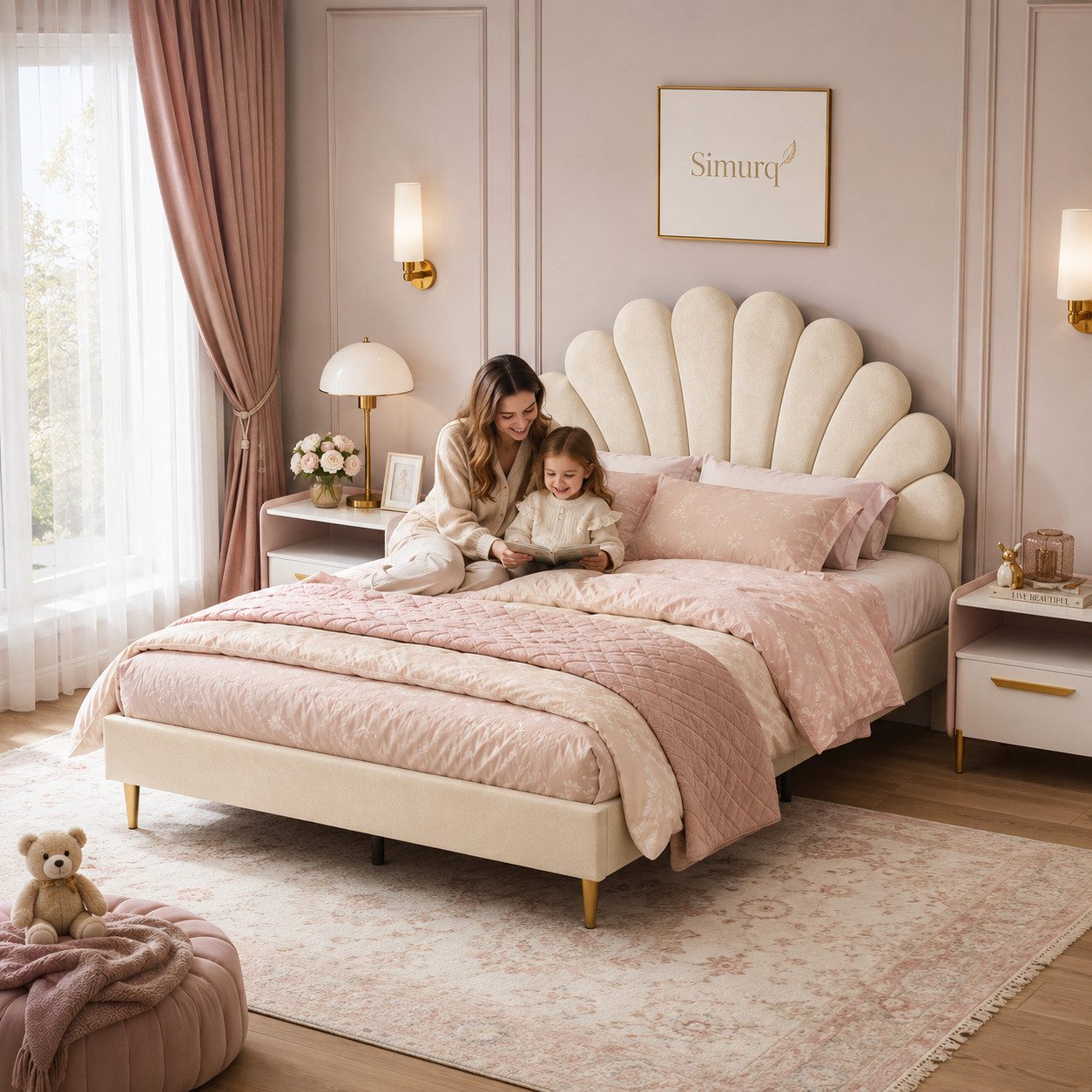 Simurq Polsterbett Kinderbett 140x200 für Mädchen,Bettgestell mit Lattenrost,Samtstoff (Versand in 2 Paketen, Mädchen Bett für kinder/Erwachsenen,Ohne Matratze), Prinzessin Bett, Beige Doppelbett mit Kopfteil in Blumenform