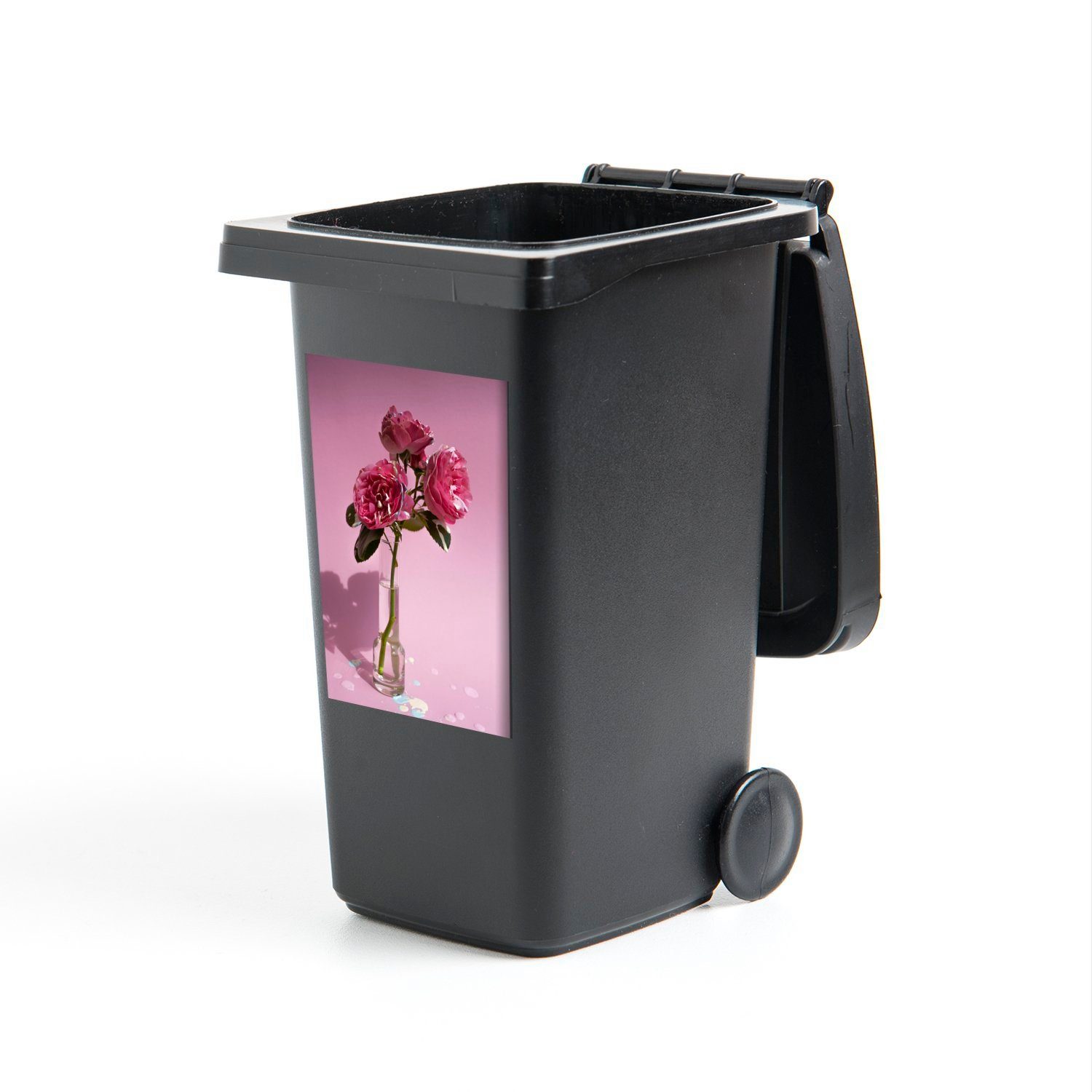 MuchoWow Wandsticker Rosen - Rosa - Vase (1 St), Mülleimer-aufkleber, Mülltonne, Sticker, Container, Abfalbehälter