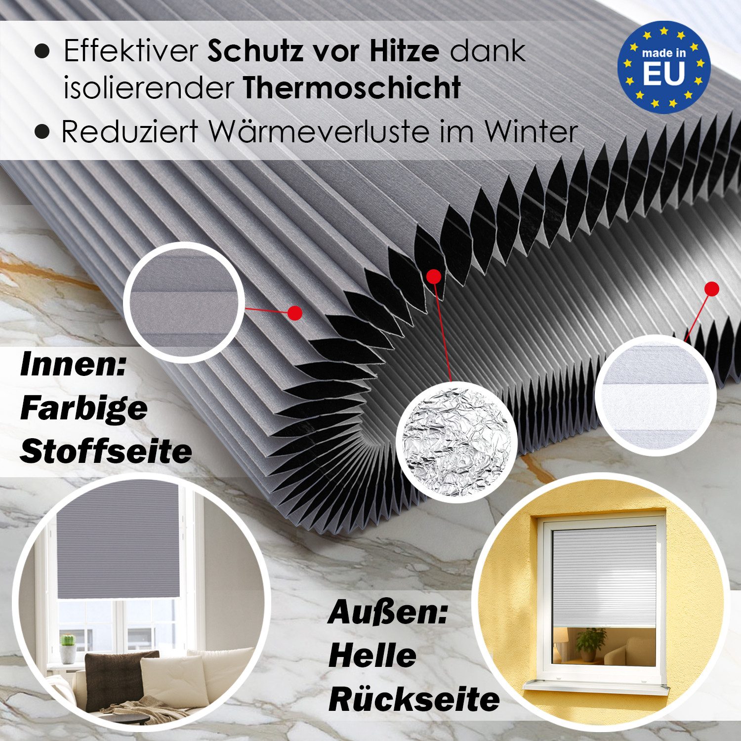 DomDeco Wabenplissee Thermo Plissee ohne Bohren - Hitzeschutz, Verdunkelung, verspannt, abdunkelnd, Klemmfix, stufenlos, kälteschutz, modernes Fensterplissee