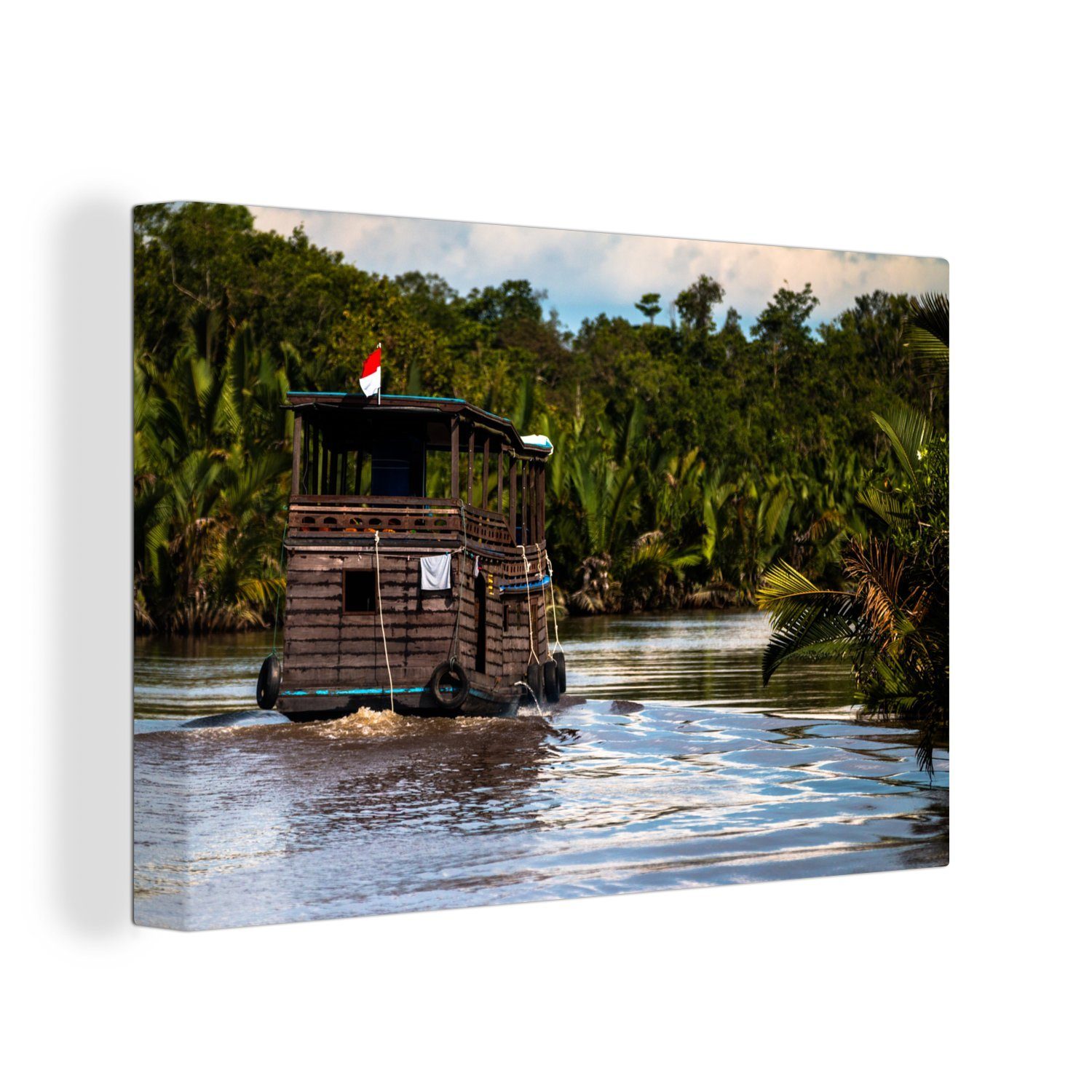 OneMillionCanvasses® Leinwandbild Boot auf (1 Park 30x20 Wanddeko, Indonesien, National in Leinwandbilder, einem cm Fluss Tanjung Aufhängefertig, Putung St), Wandbild im
