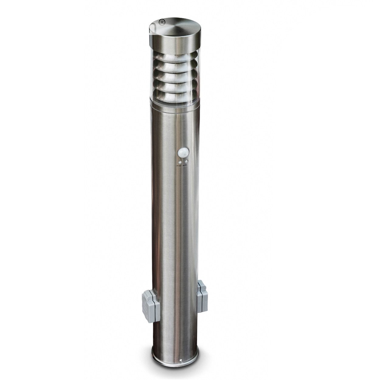 hofstein Pollerleuchte »Tempio« moderne Außenleuchte mit Bewegungsmelder und 2 Steckdosen, ohne Leuchtmittel, Edelstahl, Kunststoff-Scheiben, E27, IP44