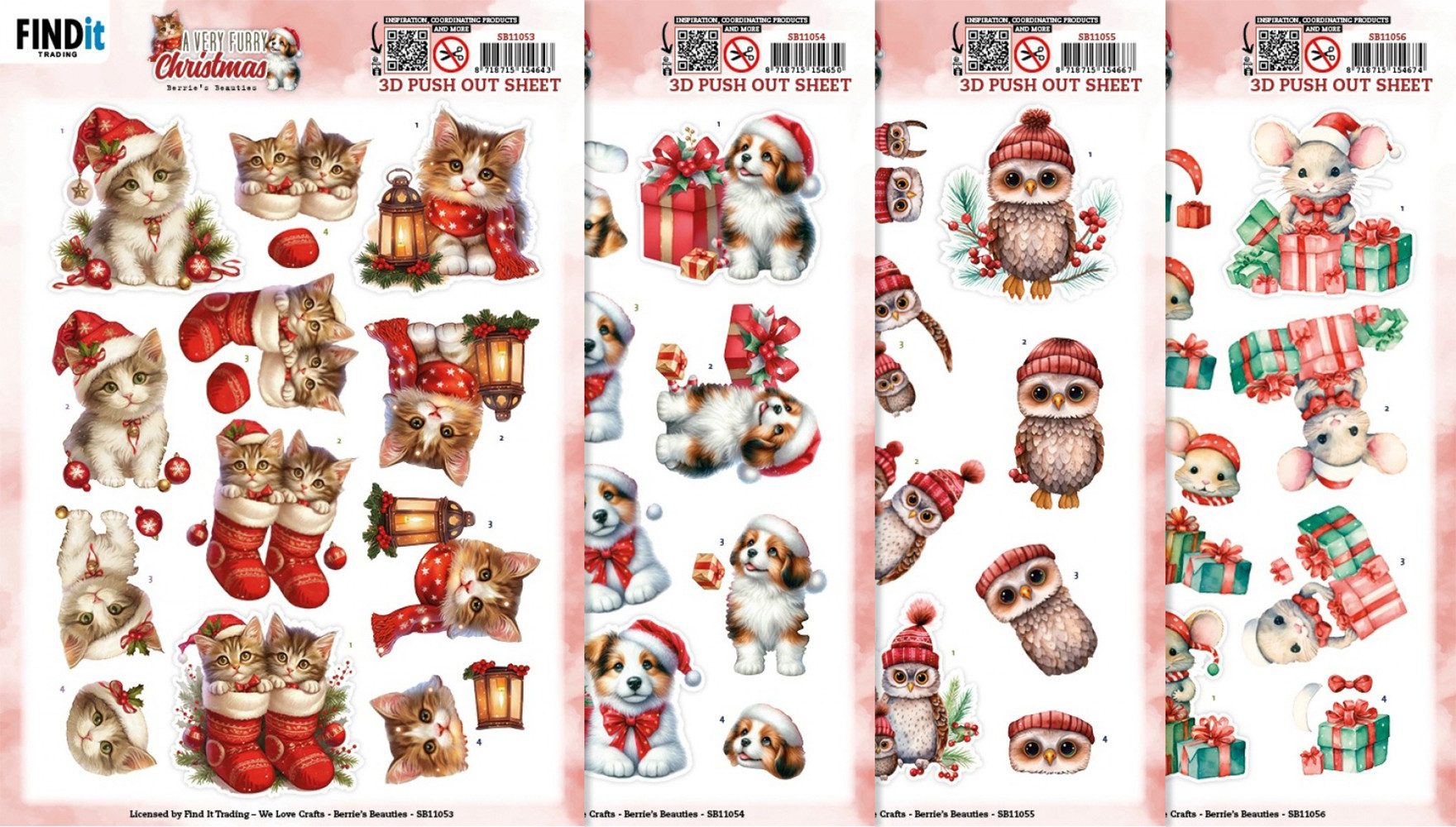 FINDit Motivpapier Stanzbogen-Set Furry Christmas, 4 Blatt