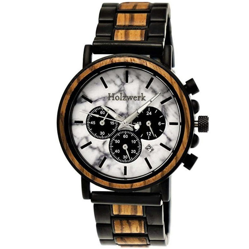 Holzwerk Chronograph & schwarz, Uhr Holz weiß in BEILSTEIN Armband Edelstahl Herren