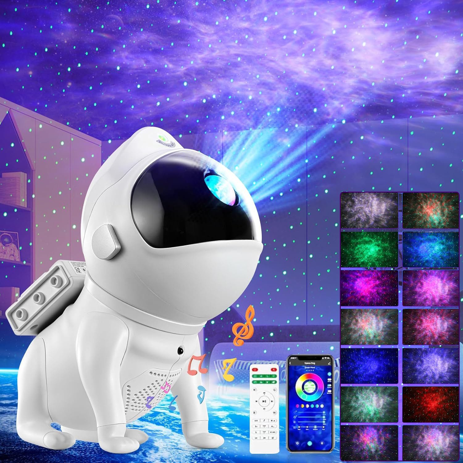 LMaxhome Projektionslampe LED Nachtlicht Sternenprojektor Musiklautsprecher Weltraumhund Galaxie, 21 Farbmodi Timer mit Fernbedienung und App-Steuerung für Party Kinder
