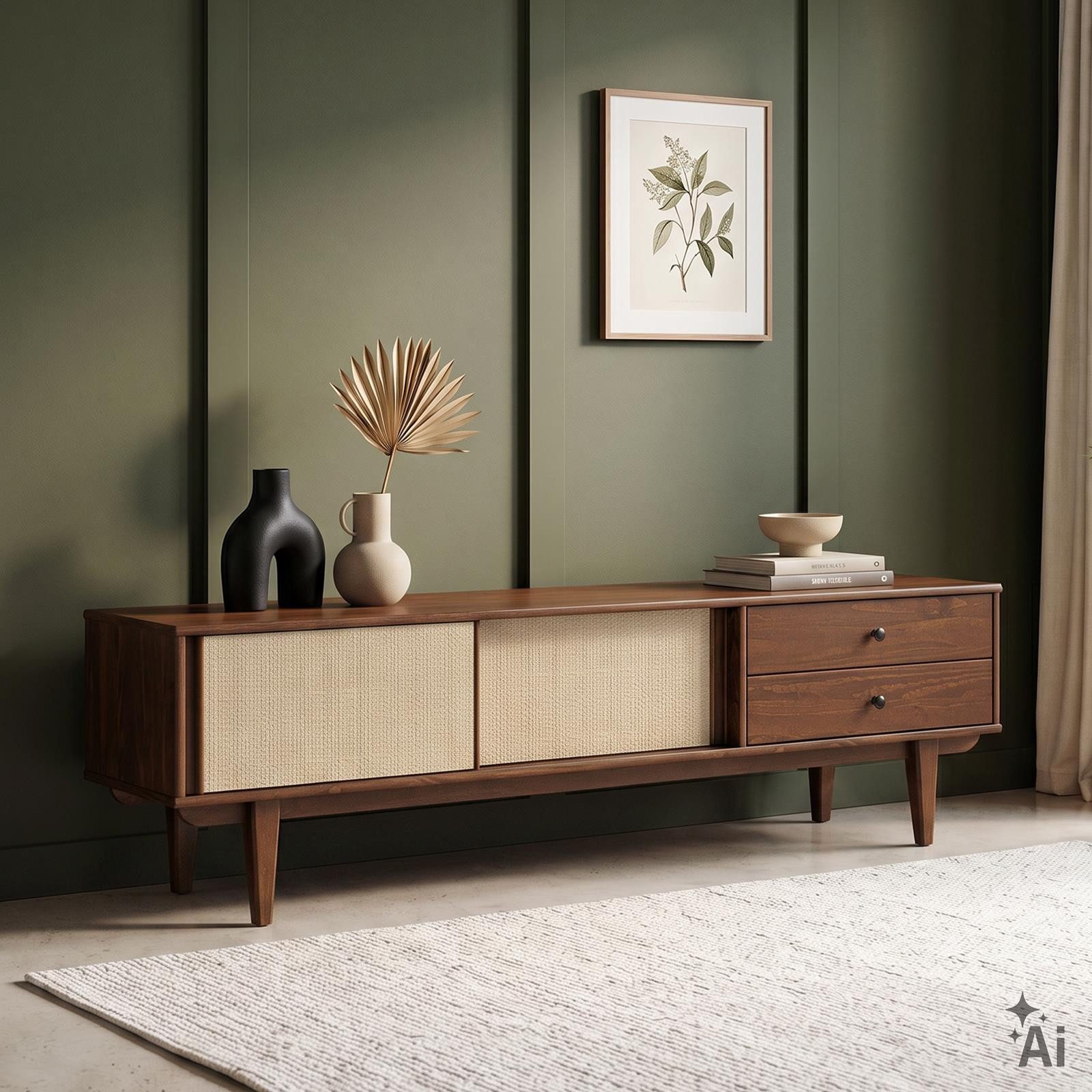 IDIMEX Lowboard SIMONA, TV Schrank 175 cm Massivholz Rattan Schiebetür Kastanie Finish