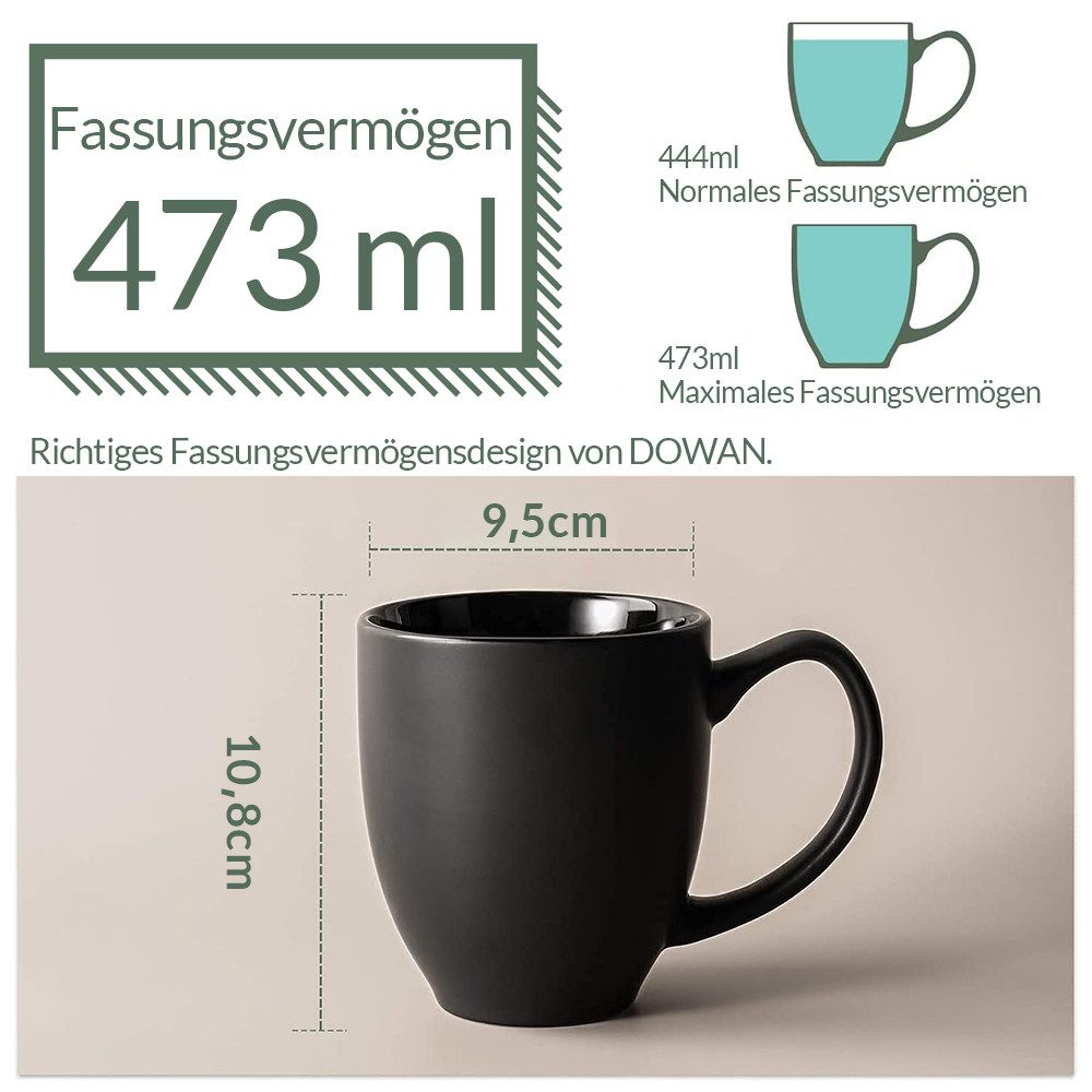 Dowan Becher Keramik Kaffeebecher 6er Set – 470 ml, große schwarze Kaffeetassen, Keramik