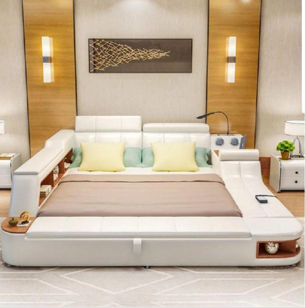 Xlmoebel Multimediabett Luxuriöses Lederschlafzimmer mit Doppelablage und elegantem Design (Polsterbett, 1-tlg., Multifunktions Bett), Hergestellt in Europa