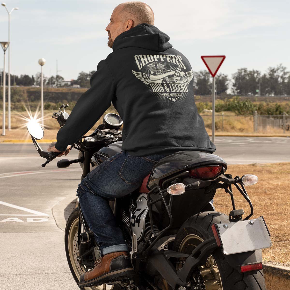Rebel mit Kapuzensweatjacke Motiv Kapuzenjacke Dunkel / Motorrad Legend Choppers Iron Biker Rot Hoodie On Zip Wheels