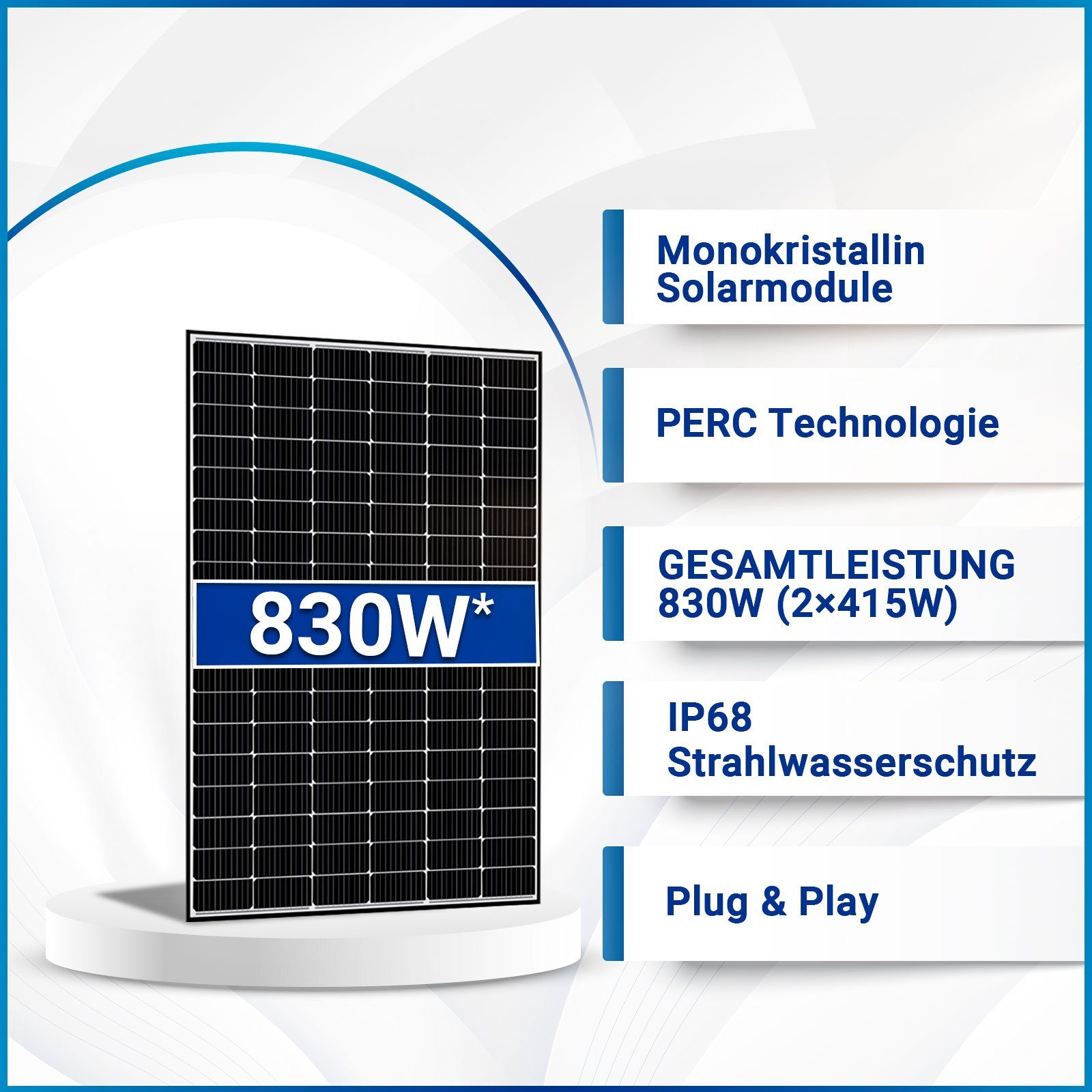 Frame 830W SOLAR-HOOK 800W Schuckostecker Wechselrichter und Komplettset WIFI mit Black Solarmodule, 2x415W Balkonkraftwerk etm NEP 10m Solaranlage