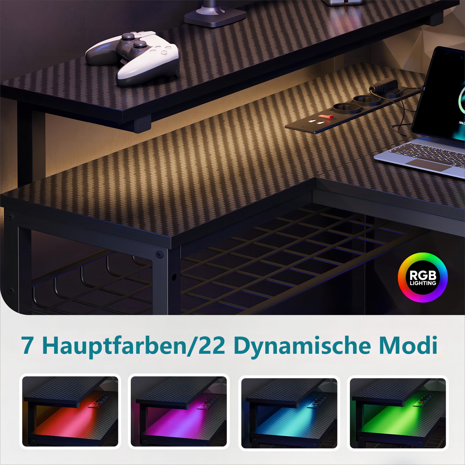 Bestier Gamingtisch Gaming-Schreibtisch L-Form mit LED, 106/133/147 × 50 cm Computertisch (147.5cm Eckschreibtisch mit 2 USB-Ladeanschlüsse und 3 AC-Steckdosen, 1 Tisch), L-Form Schreibtisch fürs Büro